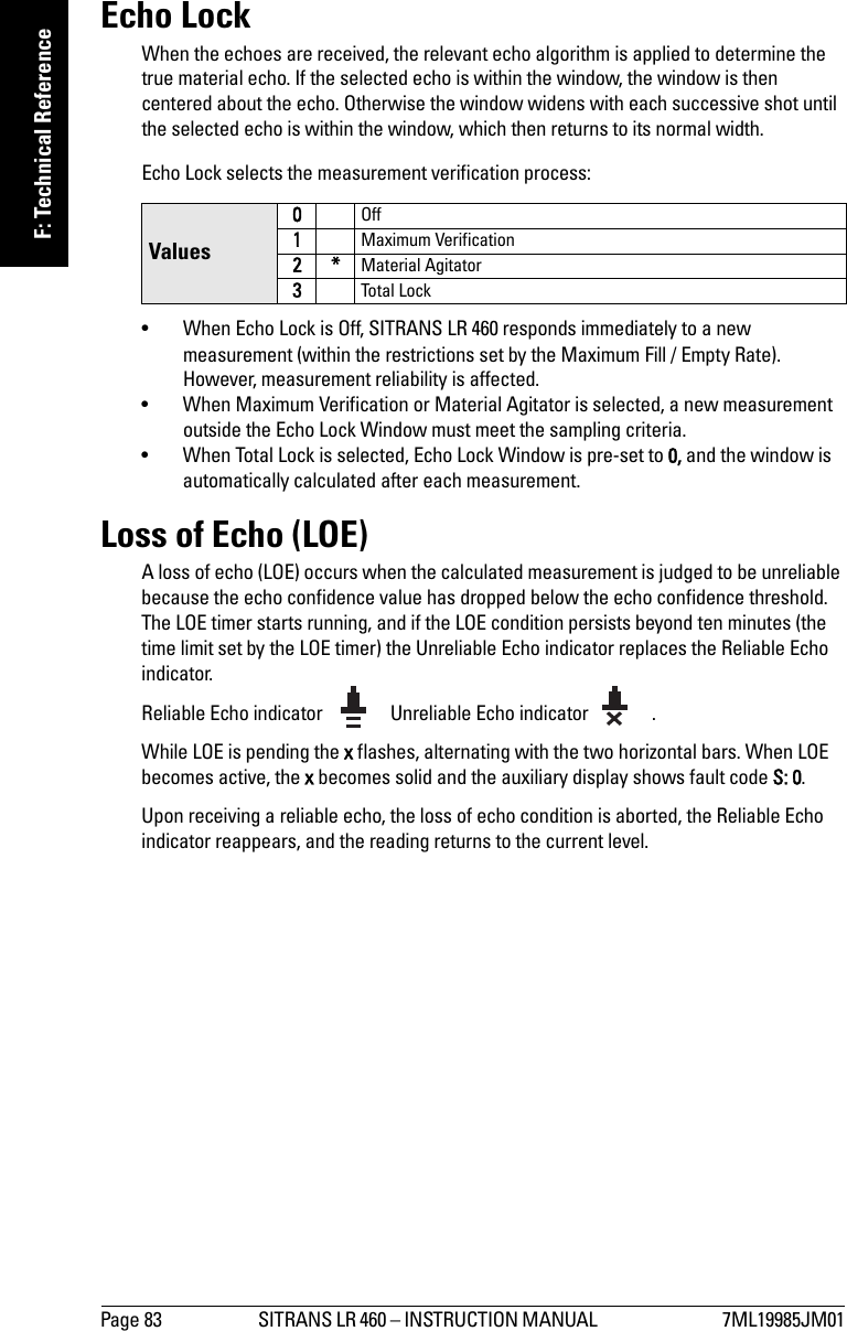 Page 83 SITRANS LR 460 – INSTRUCTION MANUAL  7ML19985JM01mmmmmF: Technical ReferenceEcho LockWhen the echoes are received, the relevant echo algorithm is applied to determine the true material echo. If the selected echo is within the window, the window is then centered about the echo. Otherwise the window widens with each successive shot until the selected echo is within the window, which then returns to its normal width.Echo Lock selects the measurement verification process:• When Echo Lock is Off, SITRANS LR 460 responds immediately to a new measurement (within the restrictions set by the Maximum Fill / Empty Rate). However, measurement reliability is affected. • When Maximum Verification or Material Agitator is selected, a new measurement outside the Echo Lock Window must meet the sampling criteria. • When Total Lock is selected, Echo Lock Window is pre-set to 0, and the window is automatically calculated after each measurement. Loss of Echo (LOE)A loss of echo (LOE) occurs when the calculated measurement is judged to be unreliable because the echo confidence value has dropped below the echo confidence threshold. The LOE timer starts running, and if the LOE condition persists beyond ten minutes (the time limit set by the LOE timer) the Unreliable Echo indicator replaces the Reliable Echo indicator.Reliable Echo indicator   Unreliable Echo indicator  .While LOE is pending the x flashes, alternating with the two horizontal bars. When LOE becomes active, the x becomes solid and the auxiliary display shows fault code S: 0.Upon receiving a reliable echo, the loss of echo condition is aborted, the Reliable Echo indicator reappears, and the reading returns to the current level.Values0Off1Maximum Verification2*Material Agitator3Tot al L ock