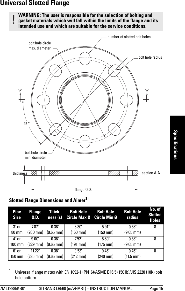 7ML19985KB01 SITRANS LR560 (mA/HART) – INSTRUCTION MANUAL  Page 15mmmmmSpecificationsUniversal Slotted FlangeSlotted Flange Dimensions and Aimer1)WARNING: The user is responsible for the selection of bolting and gasket materials which will fall within the limits of the flange and its intended use and which are suitable for the service conditions.Pipe SizeFlange O.D.Thick-ness (s)Bolt Hole Circle Max ØBolt Hole Circle Min ØBolt Hole radiusNo. of Slotted Holes3&quot; or 80 mm7.87&quot;(200 mm)0.38&quot; (9.65 mm)6.30&quot; (160 mm)5.91&quot; (150 mm)0.38&quot; (9.65 mm)84&quot; or 100 mm9.00&quot;(229 mm)0.38&quot; (9.65 mm)7.52&quot; (191 mm)6.89&quot; (175 mm)0.38&quot; (9.65 mm)86&quot; or 150 mm 11.22&quot;(285 mm)0.38&quot; (9.65 mm)9.53&quot; (242 mm)9.45&quot; (240 mm)0.45&quot; (11.5 mm)81) Universal flange mates with EN 1092-1 (PN16)/ASME B16.5 (150 lb)/JIS 2220 (10K) bolt hole pattern.bolt hole circle min. diameternumber of slotted bolt holessection A-Athicknessbolt hole circle max. diameter45 °flange O.D.bolt hole radius 