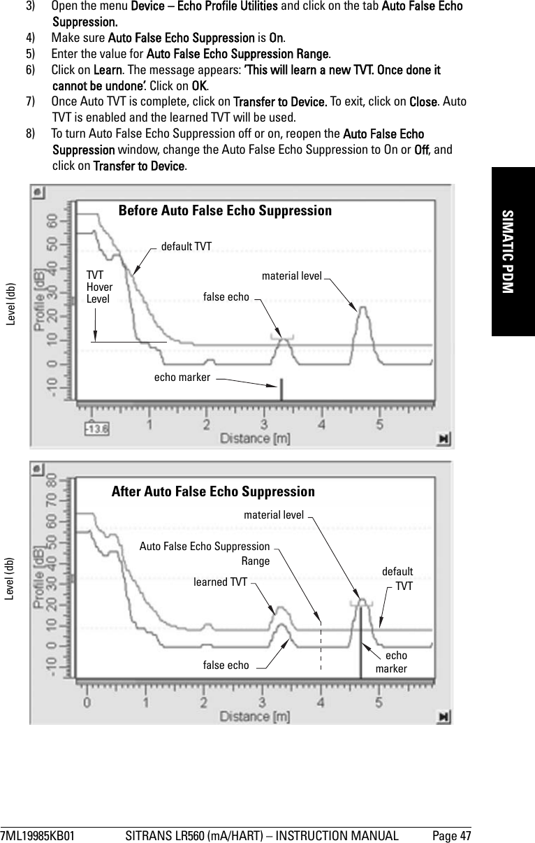 7ML19985KB01 SITRANS LR560 (mA/HART) – INSTRUCTION MANUAL Page 47mmmmmSIMATIC PDM3) Open the menu Device – Echo Profile Utilities and click on the tab Auto False Echo Suppression.4) Make sure Auto False Echo Suppression is On.5) Enter the value for Auto False Echo Suppression Range. 6) Click on Learn. The message appears: ’This will learn a new TVT. Once done it cannot be undone’. Click on OK.7) Once Auto TVT is complete, click on Transfer to Device. To exit, click on Close. Auto TVT is enabled and the learned TVT will be used.8) To turn Auto False Echo Suppression off or on, reopen the Auto False Echo Suppression window, change the Auto False Echo Suppression to On or Off, and click on Transfer to Device.Before Auto False Echo Suppression default TVTTVT Hover LevelLevel (db)echo markerAfter Auto False Echo Suppression material levelfalse echoAuto False Echo SuppressionRangeechomarkerLevel (db)defaultTVTmaterial levelfalse echolearned TVT
