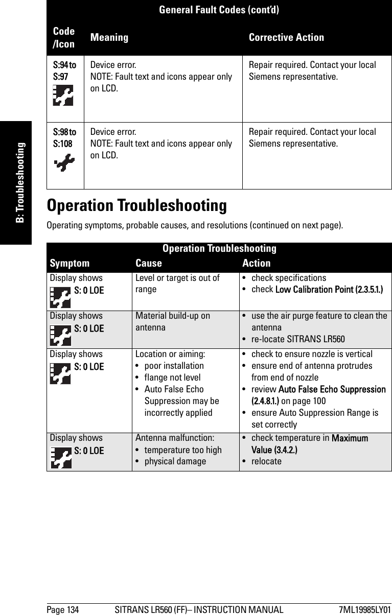 Page 134 SITRANS LR560 (FF)– INSTRUCTION MANUAL  7ML19985LY01mmmmmB: TroubleshootingOperation TroubleshootingOperating symptoms, probable causes, and resolutions (continued on next page).S:94 to S:97Device error. NOTE: Fault text and icons appear only on LCD.Repair required. Contact your local Siemens representative.S:98 to S:108Device error. NOTE: Fault text and icons appear only on LCD.Repair required. Contact your local Siemens representative.Operation Troubleshooting Symptom Cause ActionDisplay shows  S: 0 LOELevel or target is out of range• check specifications•check Low Calibration Point (2.3.5.1.)Display shows  S: 0 LOEMaterial build-up on antenna• use the air purge feature to clean the antenna• re-locate SITRANS LR560Display shows  S: 0 LOELocation or aiming:• poor installation• flange not level• Auto False Echo Suppression may be incorrectly applied• check to ensure nozzle is vertical• ensure end of antenna protrudes from end of nozzle• review Auto False Echo Suppression (2.4.8.1.) on page 100• ensure Auto Suppression Range is set correctlyDisplay shows  S: 0 LOEAntenna malfunction:• temperature too high• physical damage• check temperature in Maximum Value (3.4.2.) •relocateGeneral Fault Codes (cont’d) Code /Icon Meaning Corrective Action 