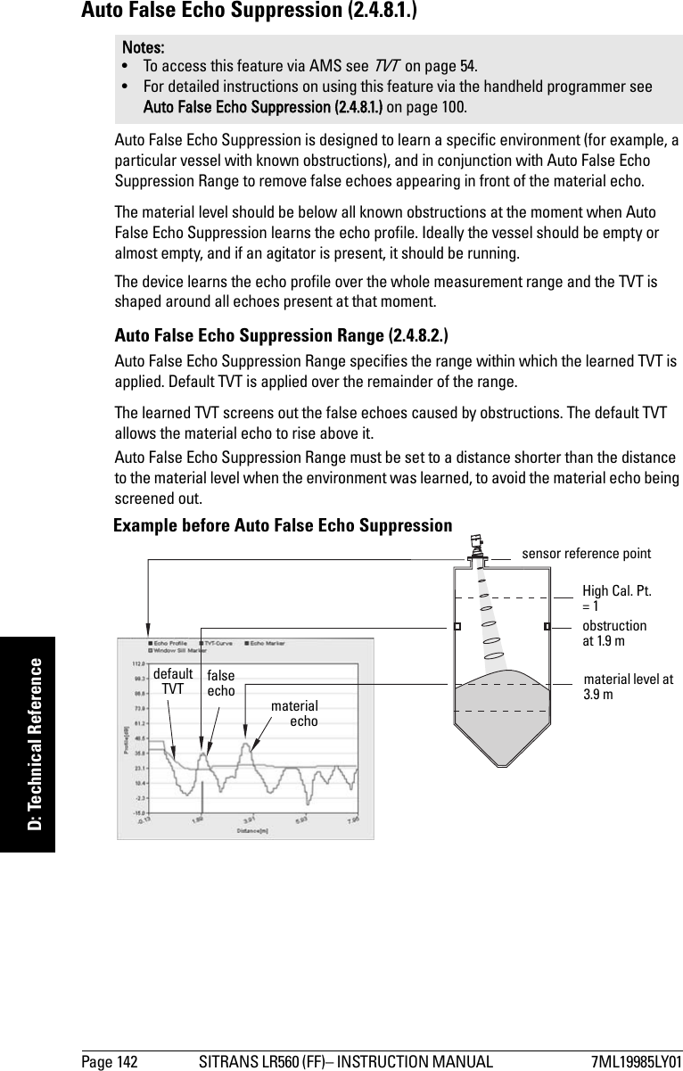 Page 142 SITRANS LR560 (FF)– INSTRUCTION MANUAL  7ML19985LY01mmmmmD: Technical ReferenceAuto False Echo Suppression (2.4.8.1.)Auto False Echo Suppression is designed to learn a specific environment (for example, a particular vessel with known obstructions), and in conjunction with Auto False Echo Suppression Range to remove false echoes appearing in front of the material echo. The material level should be below all known obstructions at the moment when Auto False Echo Suppression learns the echo profile. Ideally the vessel should be empty or almost empty, and if an agitator is present, it should be running.The device learns the echo profile over the whole measurement range and the TVT is shaped around all echoes present at that moment. Auto False Echo Suppression Range (2.4.8.2.)Auto False Echo Suppression Range specifies the range within which the learned TVT is applied. Default TVT is applied over the remainder of the range.The learned TVT screens out the false echoes caused by obstructions. The default TVT allows the material echo to rise above it.Auto False Echo Suppression Range must be set to a distance shorter than the distance to the material level when the environment was learned, to avoid the material echo being screened out.Notes: • To access this feature via AMS see TVT  on page 54. • For detailed instructions on using this feature via the handheld programmer see Auto False Echo Suppression (2.4.8.1.) on page 100.High Cal. Pt.= 1obstruction at 1.9 mmaterial level at 3.9 mfalse echo  materialechodefault TVT sensor reference pointExample before Auto False Echo Suppression 