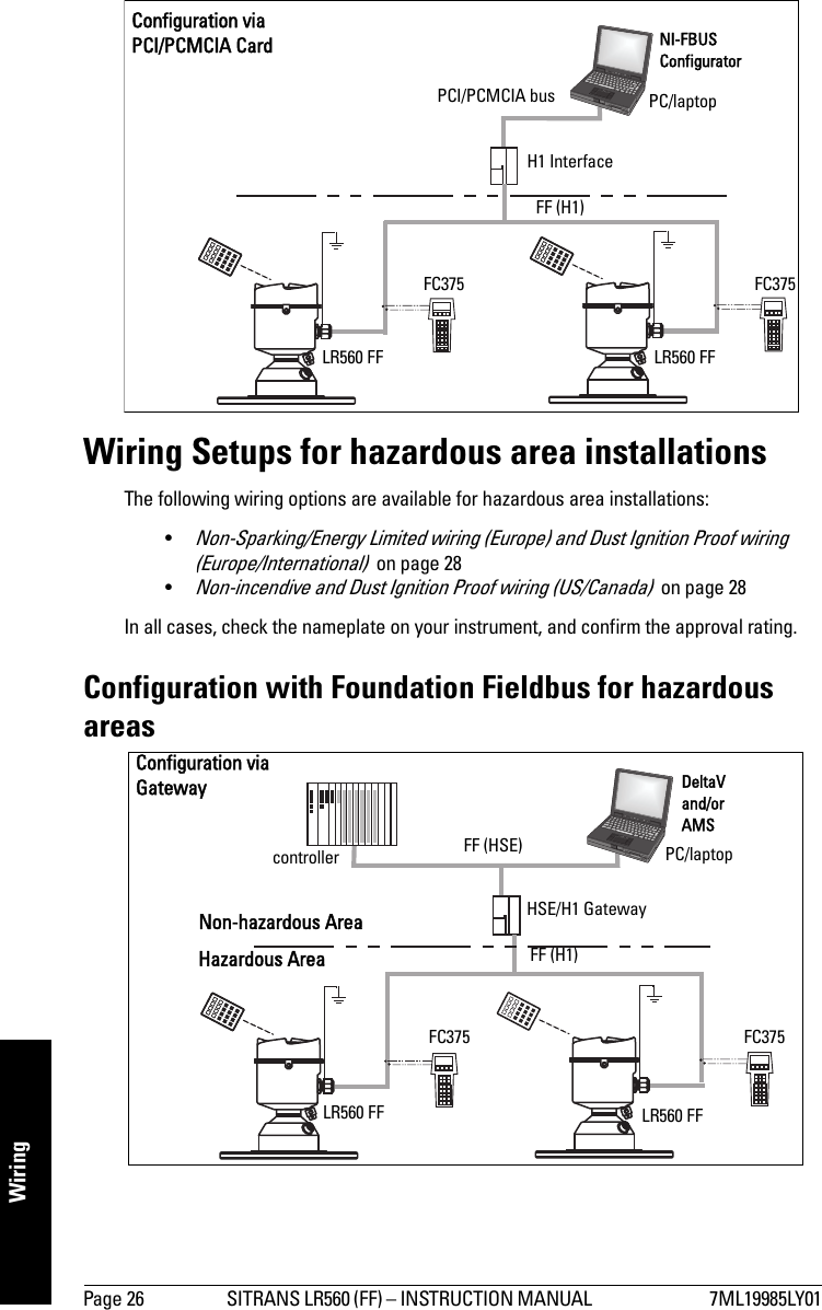 Page 26 SITRANS LR560 (FF) – INSTRUCTION MANUAL  7ML19985LY01WiringWiring Setups for hazardous area installations The following wiring options are available for hazardous area installations:•Non-Sparking/Energy Limited wiring (Europe) and Dust Ignition Proof wiring (Europe/International)  on page 28•Non-incendive and Dust Ignition Proof wiring (US/Canada)  on page 28In all cases, check the nameplate on your instrument, and confirm the approval rating.Configuration with Foundation Fieldbus for hazardous areasH1 InterfaceLR560 FF LR560 FFPC/laptopFF (H1)Configuration via PCI/PCMCIA CardPCI/PCMCIA busFC375 FC375NI-FBUS ConfiguratorHazardous AreaNon-hazardous AreacontrollerHSE/H1 GatewayDeltaV and/or AMSLR560 FF LR560 FFPC/laptopFF (H1)Configuration via GatewayFF (HSE)FC375 FC375