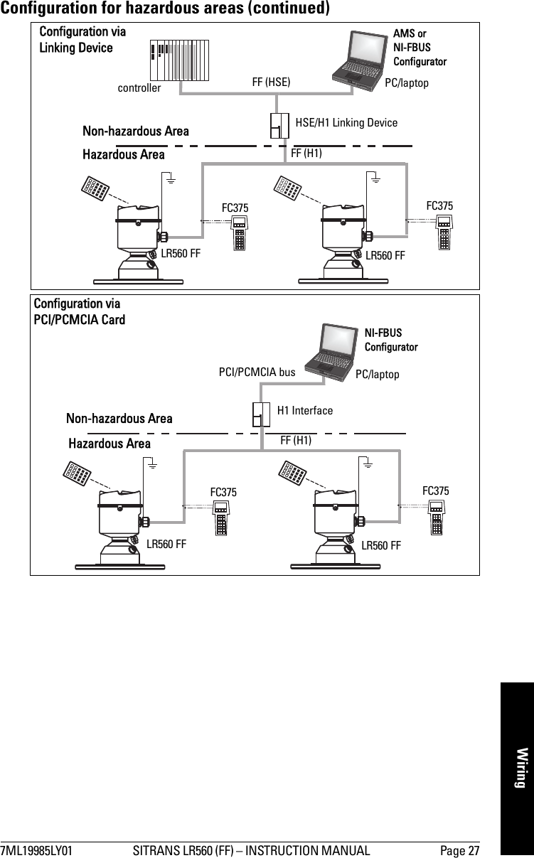 7ML19985LY01 SITRANS LR560 (FF) – INSTRUCTION MANUAL  Page 27WiringConfiguration for hazardous areas (continued)Hazardous AreaNon-hazardous AreacontrollerHSE/H1 Linking DeviceAMS or NI-FBUS ConfiguratorLR560 FF LR560 FFPC/laptopFF (H1)Configuration via Linking DeviceHazardous AreaNon-hazardous Area H1 InterfaceNI-FBUSConfiguratorLR560 FF LR560 FFPC/laptopFF (H1)Configuration via PCI/PCMCIA CardFF (HSE)PCI/PCMCIA busFC375 FC375FC375 FC375