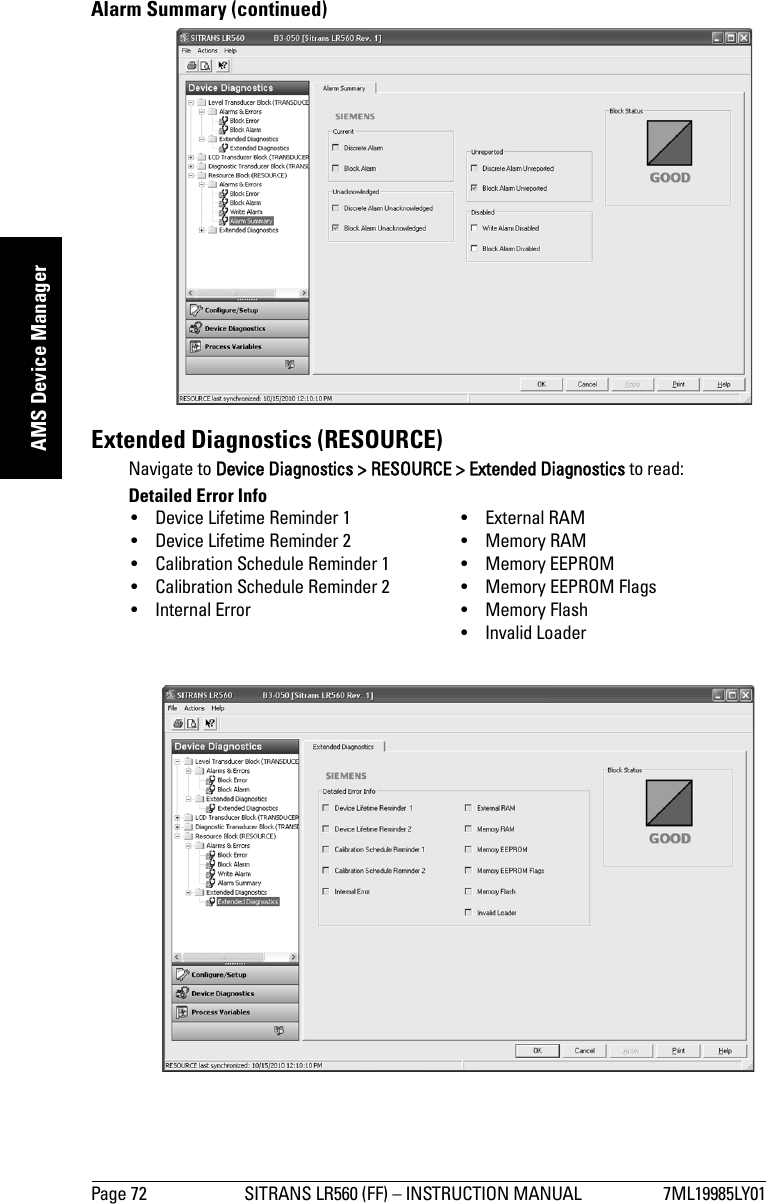 Page 72 SITRANS LR560 (FF) – INSTRUCTION MANUAL 7ML19985LY01mmmmmAMS Device ManagerAlarm Summary (continued)Extended Diagnostics (RESOURCE)Navigate to Device Diagnostics &gt; RESOURCE &gt; Extended Diagnostics to read:Detailed Error Info• Device Lifetime Reminder 1• Device Lifetime Reminder 2• Calibration Schedule Reminder 1• Calibration Schedule Reminder 2• Internal Error •External RAM•Memory RAM• Memory EEPROM• Memory EEPROM Flags• Memory Flash• Invalid Loader