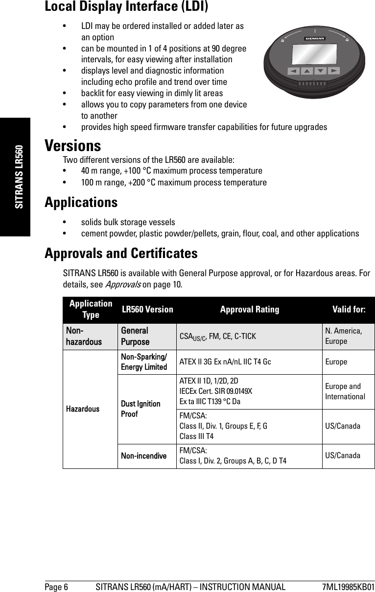 Page 6 SITRANS LR560 (mA/HART) – INSTRUCTION MANUAL  7ML19985KB01mmmmmSITRANS LR560Local Display Interface (LDI)• LDI may be ordered installed or added later as an option• can be mounted in 1 of 4 positions at 90 degree intervals, for easy viewing after installation• displays level and diagnostic information including echo profile and trend over time• backlit for easy viewing in dimly lit areas• allows you to copy parameters from one device to another• provides high speed firmware transfer capabilities for future upgradesVersionsTwo different versions of the LR560 are available:• 40 m range, +100 °C maximum process temperature• 100 m range, +200 °C maximum process temperatureApplications• solids bulk storage vessels• cement powder, plastic powder/pellets, grain, flour, coal, and other applicationsApprovals and CertificatesSITRANS LR560 is available with General Purpose approval, or for Hazardous areas. For details, see Approvals on page 10.Application Type LR560 Version Approval Rating Valid for: Non-hazardousGeneral Purpose CSAUS/C, FM, CE, C-TICK N. America, EuropeHazardousNon-Sparking/Energy Limited ATEX II 3G Ex nA/nL IIC T4 Gc EuropeDust Ignition ProofATEX II 1D, 1/2D, 2DIECEx Cert. SIR 09.0149XEx ta IIIC T139 °C DaEurope and InternationalFM/CSA:Class II, Div. 1, Groups E, F, GClass III T4US/CanadaNon-incendive FM/CSA: Class I, Div. 2, Groups A, B, C, D T4 US/Canada