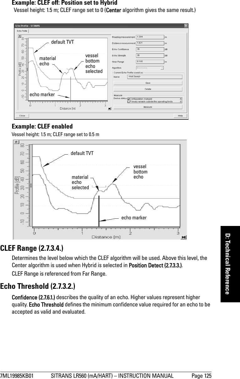 7ML19985KB01 SITRANS LR560 (mA/HART) – INSTRUCTION MANUAL Page 125mmmmmD: Technical ReferenceExample: CLEF off: Position set to HybridExample: CLEF enabledCLEF Range (2.7.3.4.) Determines the level below which the CLEF algorithm will be used. Above this level, the Center algorithm is used when Hybrid is selected in Position Detect (2.7.3.3.).CLEF Range is referenced from Far Range.Echo Threshold (2.7.3.2.)Confidence (2.7.6.1.) describes the quality of an echo. Higher values represent higher quality. Echo Threshold defines the minimum confidence value required for an echo to be accepted as valid and evaluated.default TVTvessel bottom echo selectedmaterial echoecho marker Vessel height: 1.5 m; CLEF range set to 0 (Center algorithm gives the same result.)default TVTvessel bottom echomaterial echoselectedecho markerVessel height: 1.5 m; CLEF range set to 0.5 m