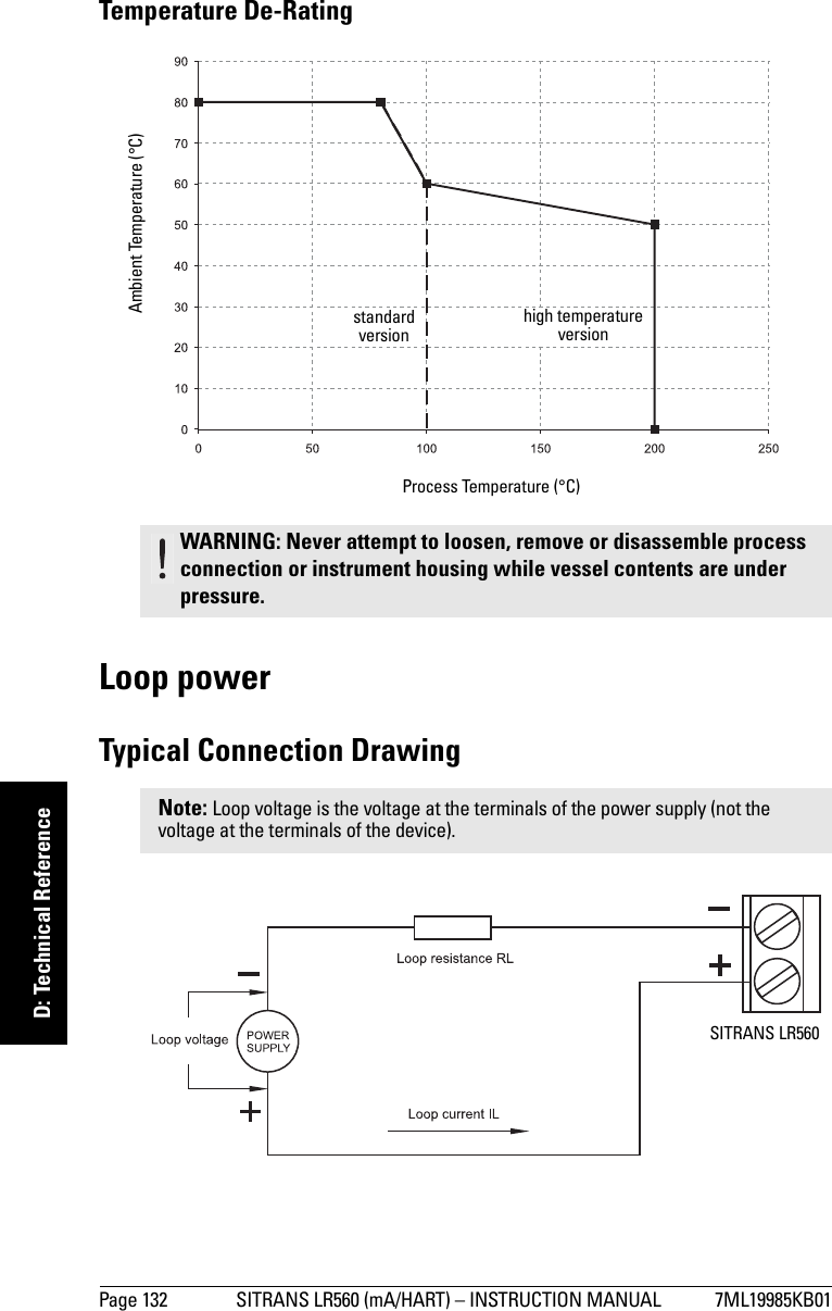 Page 132 SITRANS LR560 (mA/HART) – INSTRUCTION MANUAL 7ML19985KB01mmmmmD: Technical ReferenceTemperature De-RatingLoop powerTypical Connection DrawingWARNING: Never attempt to loosen, remove or disassemble process connection or instrument housing while vessel contents are under pressure.Note: Loop voltage is the voltage at the terminals of the power supply (not the voltage at the terminals of the device).Process Temperature (°C)Ambient Temperature (°C)high temperature versionstandard versionSITRANS LR560