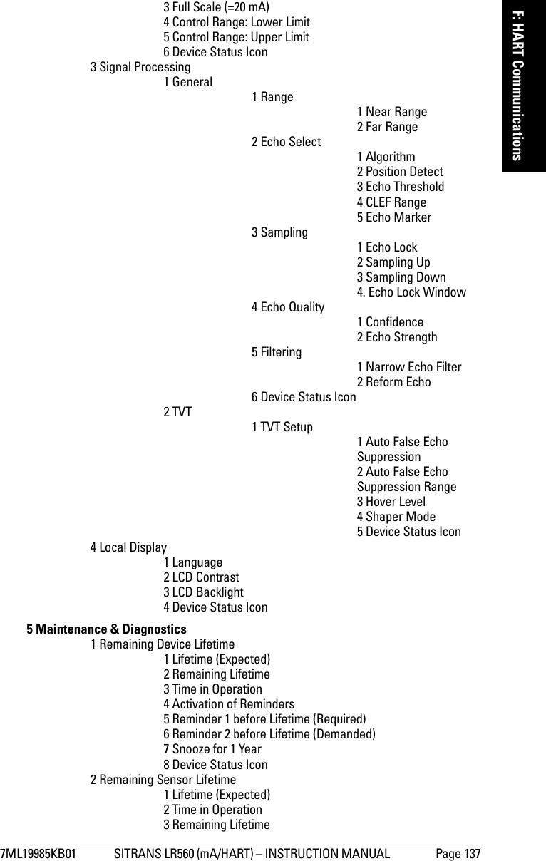 7ML19985KB01 SITRANS LR560 (mA/HART) – INSTRUCTION MANUAL  Page 137mmmmmF: HART Communications3 Full Scale (=20 mA)4 Control Range: Lower Limit5 Control Range: Upper Limit6 Device Status Icon3 Signal Processing1 General 1 Range 1 Near Range2 Far Range2 Echo Select 1 Algorithm2 Position Detect3 Echo Threshold4 CLEF Range5 Echo Marker3 Sampling 1 Echo Lock2 Sampling Up3 Sampling Down4. Echo Lock Window4 Echo Quality 1 Confidence2 Echo Strength5 Filtering 1 Narrow Echo Filter2 Reform Echo6 Device Status Icon2 TVT 1 TVT Setup 1 Auto False Echo Suppression2 Auto False Echo Suppression Range3 Hover Level4 Shaper Mode5 Device Status Icon4 Local Display1 Language2 LCD Contrast3 LCD Backlight4 Device Status Icon5 Maintenance &amp; Diagnostics1 Remaining Device Lifetime1 Lifetime (Expected)2 Remaining Lifetime3 Time in Operation4 Activation of Reminders5 Reminder 1 before Lifetime (Required)6 Reminder 2 before Lifetime (Demanded)7 Snooze for 1 Year8 Device Status Icon2 Remaining Sensor Lifetime1 Lifetime (Expected)2 Time in Operation3 Remaining Lifetime