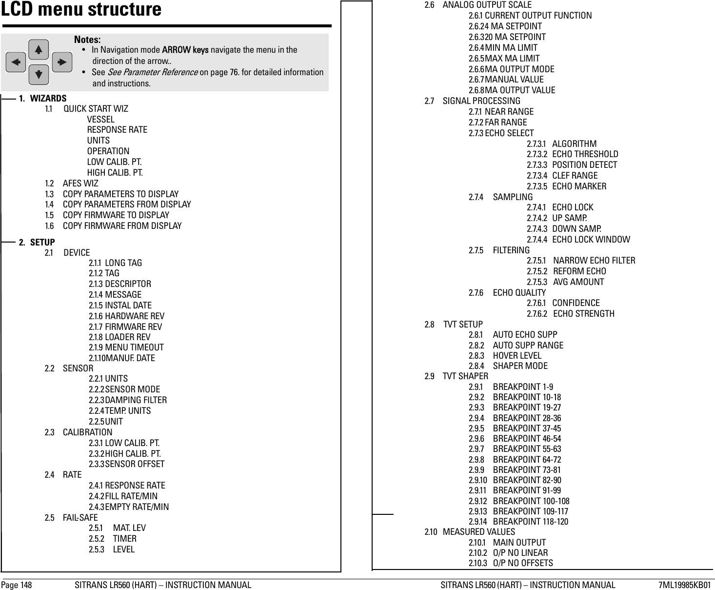 Page 148 SITRANS LR560 (HART) – INSTRUCTION MANUAL  SITRANS LR560 (HART) – INSTRUCTION MANUAL  7ML19985KB01Appendix C: menu chartLCD menu structure 1. WIZARDS1.1 QUICK START WIZVESSELRESPONSE RATEUNITSOPERATIONLOW CALIB. PT.HIGH CALIB. PT.1.2 AFES WIZ1.3 COPY PARAMETERS TO DISPLAY1.4 COPY PARAMETERS FROM DISPLAY1.5 COPY FIRMWARE TO DISPLAY1.6 COPY FIRMWARE FROM DISPLAY2. SETUP2.1 DEVICE2.1.1 LONG TAG2.1.2 TAG2.1.3 DESCRIPTOR2.1.4 MESSAGE2.1.5 INSTAL DATE2.1.6 HARDWARE REV2.1.7 FIRMWARE REV2.1.8 LOADER REV2.1.9 MENU TIMEOUT2.1.10MANUF. DATE2.2 SENSOR2.2.1 UNITS2.2.2SENSOR MODE2.2.3DAMPING FILTER2.2.4TEMP. UNITS2.2.5UNIT2.3 CALIBRATION2.3.1 LOW CALIB. PT.2.3.2HIGH CALIB. PT.2.3.3SENSOR OFFSET2.4 RATE2.4.1 RESPONSE RATE2.4.2FILL RATE/MIN2.4.3EMPTY RATE/MIN2.5 FAIL-SAFE2.5.1 MAT. LEV2.5.2 TIMER2.5.3 LEVEL2.6 ANALOG OUTPUT SCALE2.6.1 CURRENT OUTPUT FUNCTION2.6.24 MA SETPOINT2.6.320 MA SETPOINT2.6.4MIN MA LIMIT2.6.5MAX MA LIMIT2.6.6MA OUTPUT MODE2.6.7MANUAL VALUE2.6.8MA OUTPUT VALUE2.7 SIGNAL PROCESSING2.7.1 NEAR RANGE2.7.2 FAR RANGE2.7.3 ECHO SELECT2.7.3.1 ALGORITHM2.7.3.2 ECHO THRESHOLD2.7.3.3 POSITION DETECT2.7.3.4 CLEF RANGE2.7.3.5 ECHO MARKER2.7.4 SAMPLING2.7.4.1 ECHO LOCK2.7.4.2 UP SAMP.2.7.4.3 DOWN SAMP.2.7.4.4 ECHO LOCK WINDOW2.7.5 FILTERING2.7.5.1 NARROW ECHO FILTER2.7.5.2 REFORM ECHO2.7.5.3 AVG AMOUNT2.7.6 ECHO QUALITY2.7.6.1 CONFIDENCE2.7.6.2 ECHO STRENGTH2.8 TVT SETUP2.8.1 AUTO ECHO SUPP2.8.2 AUTO SUPP RANGE2.8.3 HOVER LEVEL2.8.4 SHAPER MODE2.9 TVT SHAPER2.9.1 BREAKPOINT 1-92.9.2 BREAKPOINT 10-182.9.3 BREAKPOINT 19-272.9.4 BREAKPOINT 28-362.9.5 BREAKPOINT 37-452.9.6 BREAKPOINT 46-542.9.7 BREAKPOINT 55-632.9.8 BREAKPOINT 64-722.9.9 BREAKPOINT 73-812.9.10 BREAKPOINT 82-902.9.11 BREAKPOINT 91-992.9.12 BREAKPOINT 100-1082.9.13 BREAKPOINT 109-1172.9.14 BREAKPOINT 118-1202.10 MEASURED VALUES2.10.1 MAIN OUTPUT2.10.2 O/P NO LINEAR2.10.3 O/P NO OFFSETSNotes: • In Navigation mode ARROW keys navigate the menu in the direction of the arrow.. • See See Parameter Reference on page 76. for detailed information and instructions.