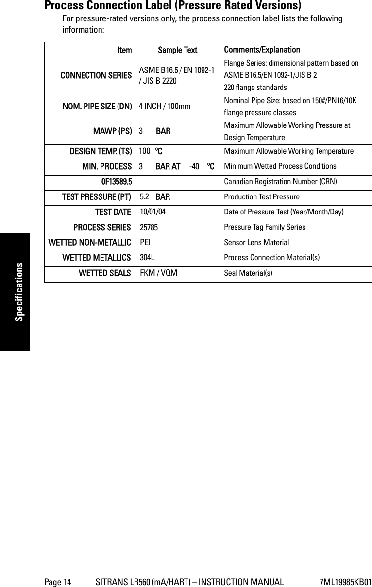 Page 14 SITRANS LR560 (mA/HART) – INSTRUCTION MANUAL  7ML19985KB01mmmmmSpecificationsProcess Connection Label (Pressure Rated Versions)For pressure-rated versions only, the process connection label lists the following information:Item Sample Text  Comments/ExplanationCONNECTION SERIES ASME B16.5 / EN 1092-1 / JIS B 2220Flange Series: dimensional pattern based on ASME B16.5/EN 1092-1/JIS B 2220 flange standardsNOM. PIPE SIZE (DN) 4 INCH / 100mm Nominal Pipe Size: based on 150#/PN16/10K flange pressure classesMAWP (PS) 3BAR Maximum Allowable Working Pressure at Design TemperatureDESIGN TEMP. (TS) 100 ºC Maximum Allowable Working TemperatureMIN. PROCESS 3BAR AT -40 ºC Minimum Wetted Process Conditions0F13589.5 Canadian Registration Number (CRN)TEST PRESSURE (PT) 5.2 BAR Production Test PressureTEST DATE 10/01/04 Date of Pressure Test (Year/Month/Day)PROCESS SERIES 25785 Pressure Tag Family SeriesWETTED NON-METALLIC PEI Sensor Lens MaterialWETTED METALLICS 304L Process Connection Material(s)WETTED SEALS FKM / VQM Seal Material(s)