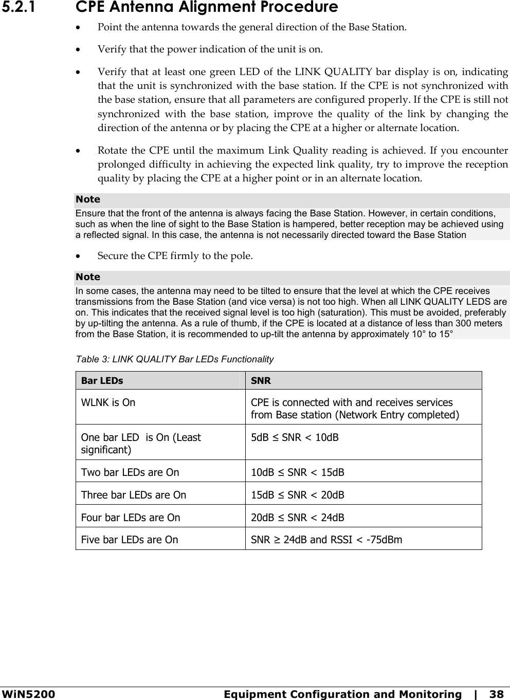  WiN5200  Equipment Configuration and Monitoring   |   38 5.2.1 CPE Antenna Alignment Procedure • Point the antenna towards the general direction of the Base Station. • Verify that the power indication of the unit is on. • Verify  that at  least one green LED of  the LINK  QUALITY bar  display is on, indicating that the unit is synchronized with the base station. If the CPE is not synchronized with the base station, ensure that all parameters are configured properly. If the CPE is still not synchronized  with  the  base  station,  improve  the  quality  of  the  link  by  changing  the direction of the antenna or by placing the CPE at a higher or alternate location. • Rotate the  CPE until  the maximum Link Quality reading is achieved. If you encounter prolonged difficulty in achieving the expected link quality, try to improve the reception quality by placing the CPE at a higher point or in an alternate location. Note Ensure that the front of the antenna is always facing the Base Station. However, in certain conditions, such as when the line of sight to the Base Station is hampered, better reception may be achieved using a reflected signal. In this case, the antenna is not necessarily directed toward the Base Station • Secure the CPE firmly to the pole. Note In some cases, the antenna may need to be tilted to ensure that the level at which the CPE receives transmissions from the Base Station (and vice versa) is not too high. When all LINK QUALITY LEDS are on. This indicates that the received signal level is too high (saturation). This must be avoided, preferably by up-tilting the antenna. As a rule of thumb, if the CPE is located at a distance of less than 300 meters from the Base Station, it is recommended to up-tilt the antenna by approximately 10° to 15° Table 3: LINK QUALITY Bar LEDs Functionality Bar LEDs  SNR WLNK is On  CPE is connected with and receives services from Base station (Network Entry completed) One bar LED  is On (Least significant) 5dB ≤ SNR &lt; 10dB Two bar LEDs are On  10dB ≤ SNR &lt; 15dB Three bar LEDs are On  15dB ≤ SNR &lt; 20dB Four bar LEDs are On  20dB ≤ SNR &lt; 24dB Five bar LEDs are On  SNR ≥ 24dB and RSSI &lt; -75dBm 