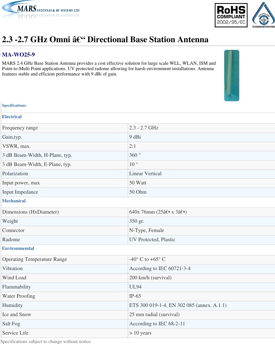 2.3 -2.7 GHz Omni â€“ Directional Base Station Antenna  MA-WO25-9 MARS 2.4 GHz Base Station Antenna provides a cost effective solution for large scale WLL, WLAN, ISM and Point-to-Multi Point applications. UV protected radome allowing for harsh environment installations. Antenna features stable and efficient performance with 9 dBi of gain. Specifications:ElectricalFrequency range  2.3 - 2.7 GHz Gain,typ.  9 dBiVSWR, max.  2:1 3 dB Beam-Width, H-Plane, typ.  360 °3 dB Beam-Width, E-Plane, typ.  10 °Polarization Linear Vertical Input power, max 50 Watt Input Impedance 50 OhmMechanicalDimensions (HxDiameter) 640x 76mm (25â€• x 3â€•)Weight 350 gr.Connector N-Type, FemaleRadome UV Protected, PlasticEnvironmemtalOperating Temperature Range -40° C to +65° CVibration According to IEC 60721-3-4Wind Load 200 km/h (survival)Flammability UL94Water Proofing IP-65Humidity ETS 300 019-1-4, EN 302 085 (annex. A.1.1)Ice and Snow 25 mm radial (survival)Salt Fog According to IEC 68-2-11Service Life &gt; 10 yearsSpecifications subject to change without notice