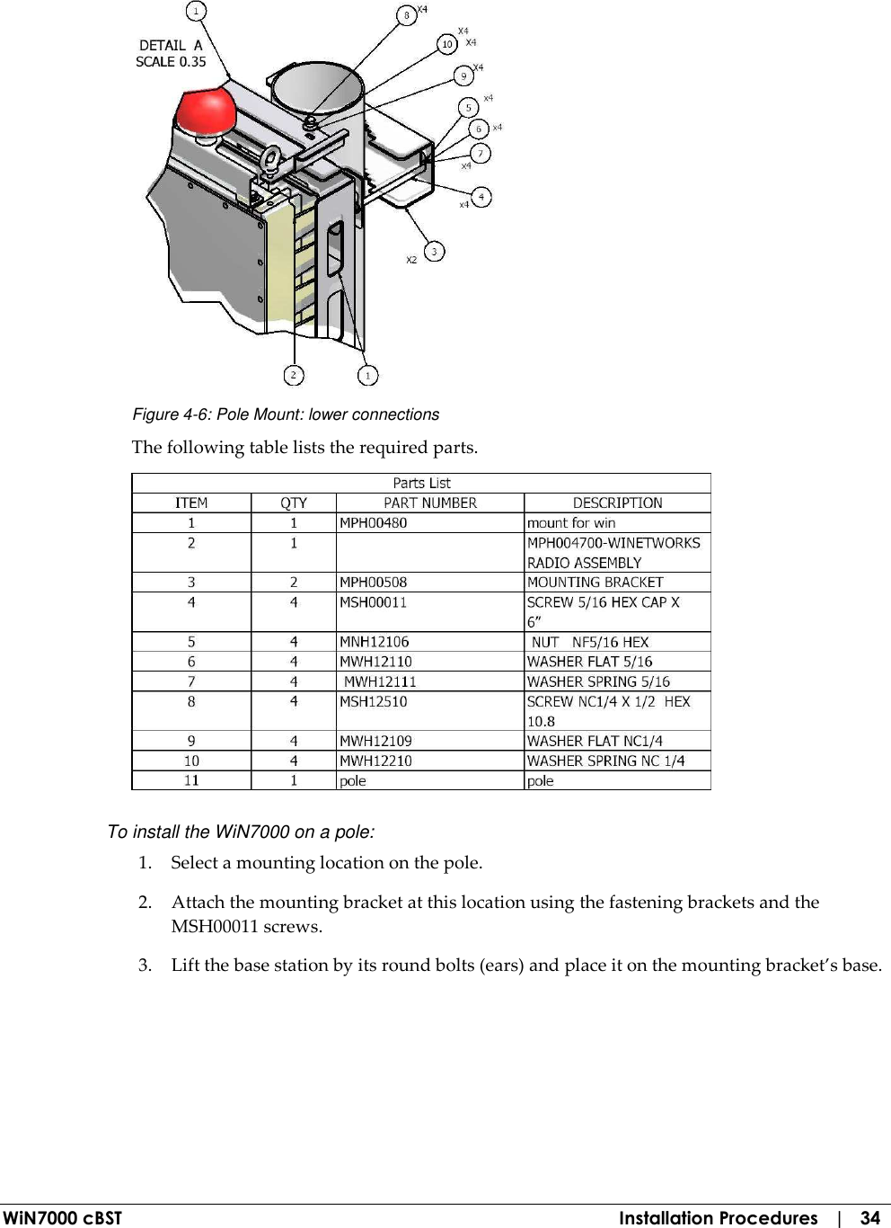  WiN7000 cBST  Installation Procedures   |   34  Figure  4-6: Pole Mount: lower connections The following table lists the required parts.  To install the WiN7000 on a pole: 1. Select a mounting location on the pole. 2. Attach the mounting bracket at this location using the fastening brackets and the MSH00011 screws. 3. Lift the base station by its round bolts (ears) and place it on the mounting bracket’s base. 