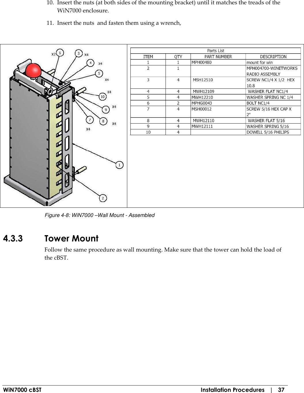  WiN7000 cBST  Installation Procedures   |   37 10. Insert the nuts (at both sides of the mounting bracket) until it matches the treads of the WiN7000 enclosure. 11. Insert the nuts  and fasten them using a wrench,    Figure  4-8: WiN7000 –Wall Mount - Assembled 4.3.3 Tower Mount Follow the same procedure as wall mounting. Make sure that the tower can hold the load of the cBST. 