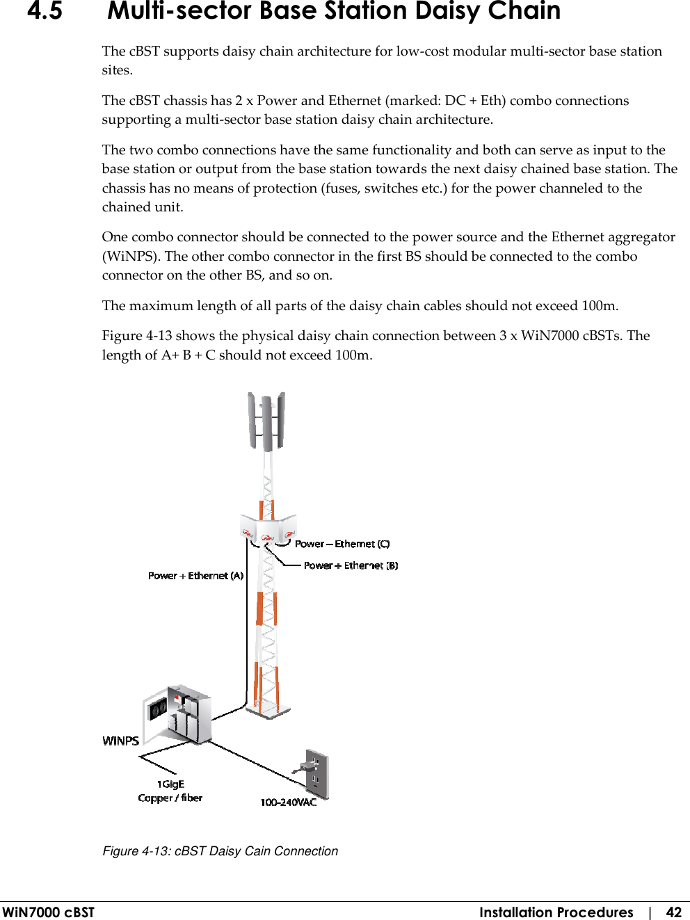  WiN7000 cBST  Installation Procedures   |   42 4.5 Multi-sector Base Station Daisy Chain The cBST supports daisy chain architecture for low-cost modular multi-sector base station sites.   The cBST chassis has 2 x Power and Ethernet (marked: DC + Eth) combo connections supporting a multi-sector base station daisy chain architecture. The two combo connections have the same functionality and both can serve as input to the base station or output from the base station towards the next daisy chained base station. The chassis has no means of protection (fuses, switches etc.) for the power channeled to the chained unit. One combo connector should be connected to the power source and the Ethernet aggregator (WiNPS). The other combo connector in the first BS should be connected to the combo connector on the other BS, and so on.  The maximum length of all parts of the daisy chain cables should not exceed 100m. Figure  4-13 shows the physical daisy chain connection between 3 x WiN7000 cBSTs. The length of A+ B + C should not exceed 100m.  Figure  4-13: cBST Daisy Cain Connection 