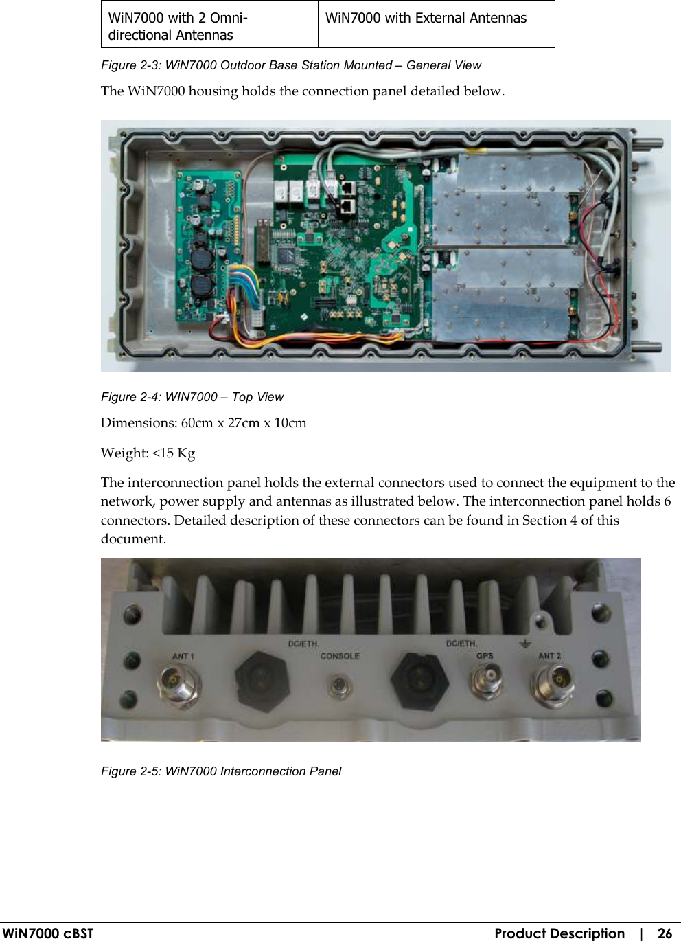  WiN7000 cBST  Product Description   |   26 WiN7000 with 2 Omni-directional Antennas WiN7000 with External Antennas Figure  2-3: WiN7000 Outdoor Base Station Mounted – General View The WiN7000 housing holds the connection panel detailed below.   Figure  2-4: WIN7000 – Top View Dimensions: 60cm x 27cm x 10cm Weight: &lt;15 Kg The interconnection panel holds the external connectors used to connect the equipment to the network, power supply and antennas as illustrated below. The interconnection panel holds 6 connectors. Detailed description of these connectors can be found in Section 4 of this document.  Figure  2-5: WiN7000 Interconnection Panel 