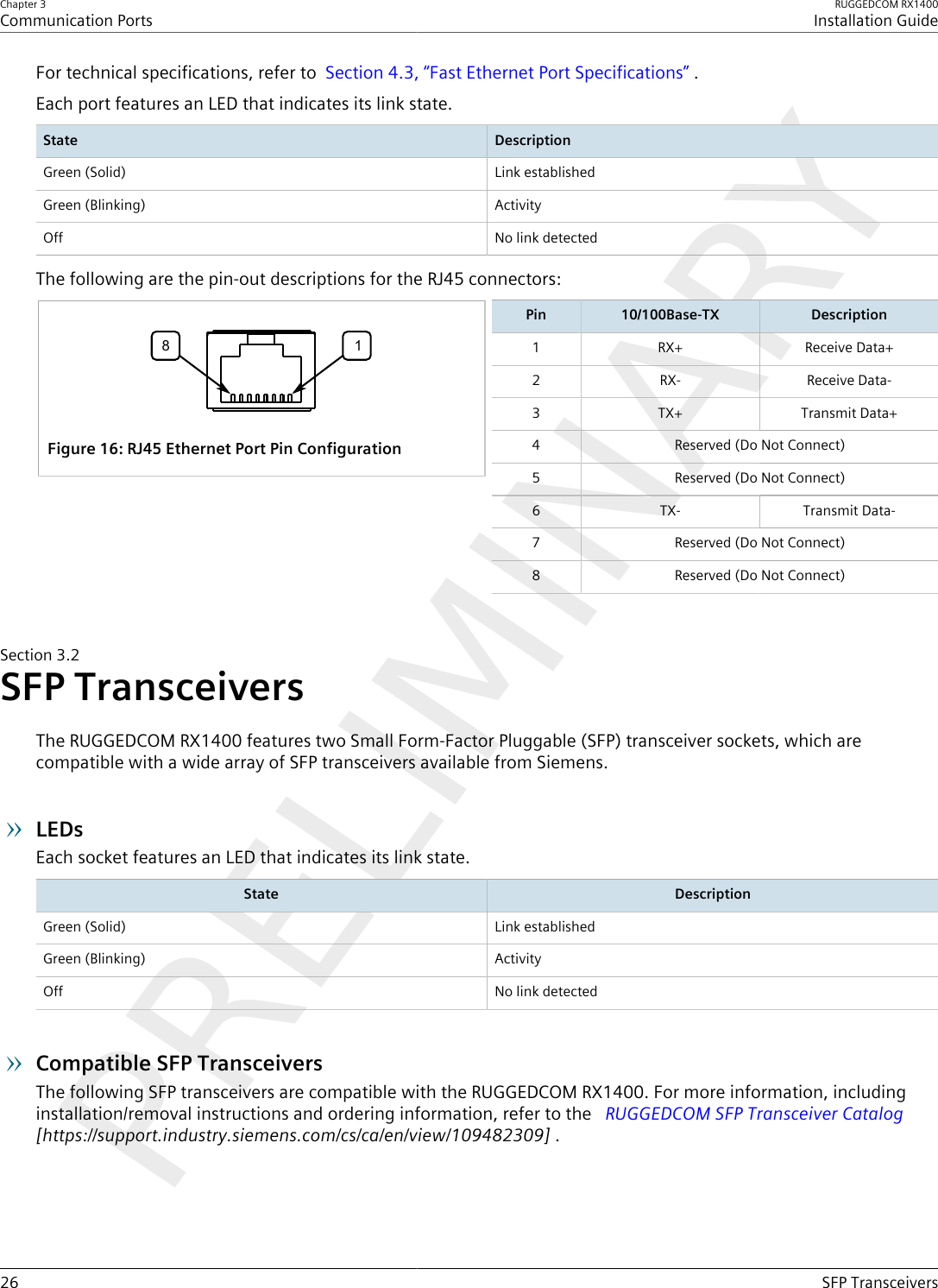 Chapter 3Communication PortsRUGGEDCOM RX1400Installation Guide26 SFP TransceiversFor technical specifications, refer to  Section4.3, “Fast Ethernet Port Specifications” .Each port features an LED that indicates its link state.State DescriptionGreen (Solid) Link establishedGreen (Blinking) ActivityOff No link detectedThe following are the pin-out descriptions for the RJ45 connectors:8 1Figure16:RJ45 Ethernet Port Pin ConfigurationPin 10/100Base-TX Description1 RX+ Receive Data+2 RX- Receive Data-3 TX+ Transmit Data+4 Reserved (Do Not Connect)5 Reserved (Do Not Connect)6 TX- Transmit Data-7 Reserved (Do Not Connect)8 Reserved (Do Not Connect)Section3.2SFP TransceiversThe RUGGEDCOM RX1400 features two Small Form-Factor Pluggable (SFP) transceiver sockets, which arecompatible with a wide array of SFP transceivers available from Siemens.LEDsEach socket features an LED that indicates its link state.State DescriptionGreen (Solid) Link establishedGreen (Blinking) ActivityOff No link detectedCompatible SFP TransceiversThe following SFP transceivers are compatible with the RUGGEDCOM RX1400. For more information, includinginstallation/removal instructions and ordering information, refer to the   RUGGEDCOM SFP Transceiver Catalog [https://support.industry.siemens.com/cs/ca/en/view/109482309] .