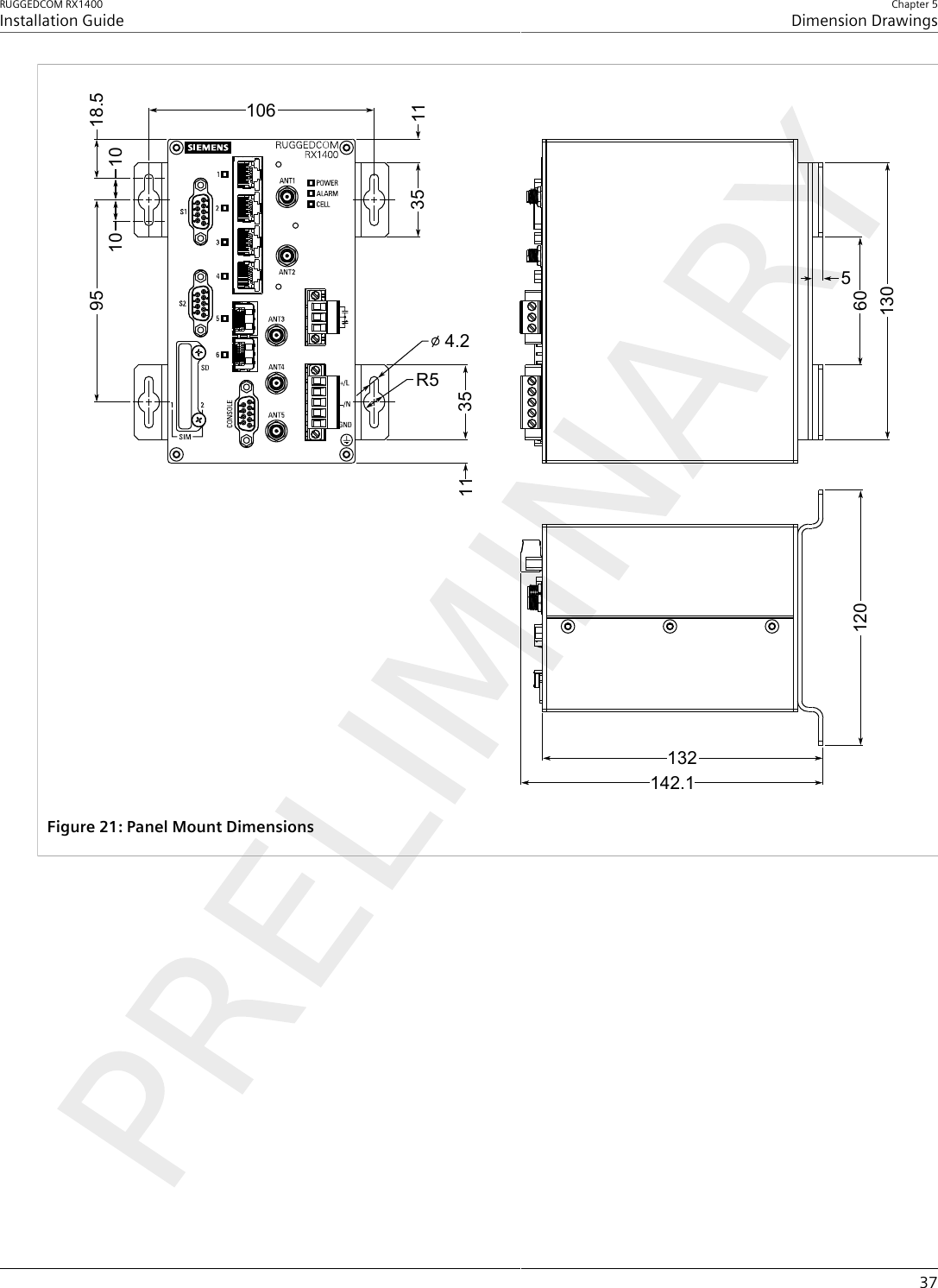 RUGGEDCOM RX1400Installation GuideChapter 5Dimension Drawings3795 18.510 1010611354.235R511560130120132142.1Figure21:Panel Mount Dimensions