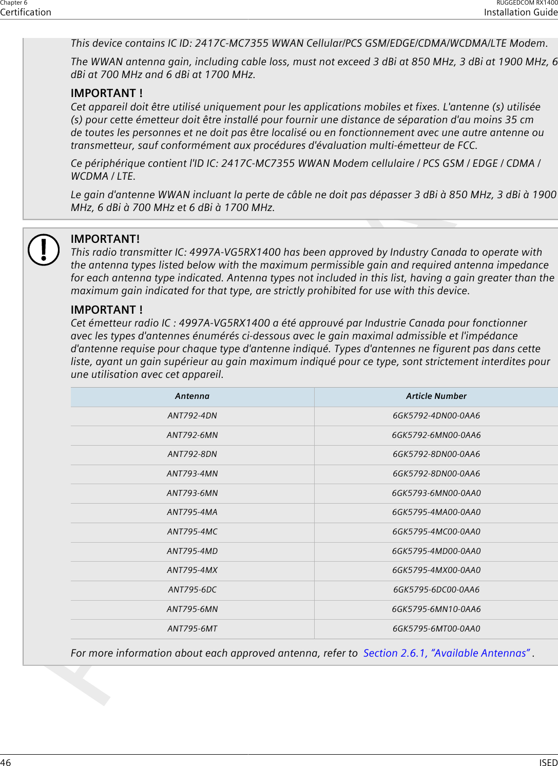 Chapter 6CertificationRUGGEDCOM RX1400Installation Guide46 ISEDThis device contains IC ID: 2417C-MC7355 WWAN Cellular/PCS GSM/EDGE/CDMA/WCDMA/LTE Modem.The WWAN antenna gain, including cable loss, must not exceed 3 dBi at 850 MHz, 3 dBi at 1900 MHz, 6dBi at 700 MHz and 6 dBi at 1700 MHz.IMPORTANT !Cet appareil doit être utilisé uniquement pour les applications mobiles et fixes. L&apos;antenne (s) utilisée(s) pour cette émetteur doit être installé pour fournir une distance de séparation d&apos;au moins 35 cmde toutes les personnes et ne doit pas être localisé ou en fonctionnement avec une autre antenne outransmetteur, sauf conformément aux procédures d&apos;évaluation multi-émetteur de FCC.Ce périphérique contient l&apos;ID IC: 2417C-MC7355 WWAN Modem cellulaire / PCS GSM / EDGE / CDMA /WCDMA / LTE.Le gain d&apos;antenne WWAN incluant la perte de câble ne doit pas dépasser 3 dBi à 850 MHz, 3 dBi à 1900MHz, 6 dBi à 700 MHz et 6 dBi à 1700 MHz.IMPORTANT!This radio transmitter IC: 4997A-VG5RX1400 has been approved by Industry Canada to operate withthe antenna types listed below with the maximum permissible gain and required antenna impedancefor each antenna type indicated. Antenna types not included in this list, having a gain greater than themaximum gain indicated for that type, are strictly prohibited for use with this device.IMPORTANT !Cet émetteur radio IC : 4997A-VG5RX1400 a été approuvé par Industrie Canada pour fonctionneravec les types d&apos;antennes énumérés ci-dessous avec le gain maximal admissible et l&apos;impédanced&apos;antenne requise pour chaque type d&apos;antenne indiqué. Types d&apos;antennes ne figurent pas dans cetteliste, ayant un gain supérieur au gain maximum indiqué pour ce type, sont strictement interdites pourune utilisation avec cet appareil.Antenna Article NumberANT792-4DN 6GK5792-4DN00-0AA6ANT792-6MN 6GK5792-6MN00-0AA6ANT792-8DN 6GK5792-8DN00-0AA6ANT793-4MN 6GK5792-8DN00-0AA6ANT793-6MN 6GK5793-6MN00-0AA0ANT795-4MA 6GK5795-4MA00-0AA0ANT795-4MC 6GK5795-4MC00-0AA0ANT795-4MD 6GK5795-4MD00-0AA0ANT795-4MX 6GK5795-4MX00-0AA0ANT795-6DC 6GK5795-6DC00-0AA6ANT795-6MN 6GK5795-6MN10-0AA6ANT795-6MT 6GK5795-6MT00-0AA0For more information about each approved antenna, refer to  Section2.6.1, “Available Antennas” .