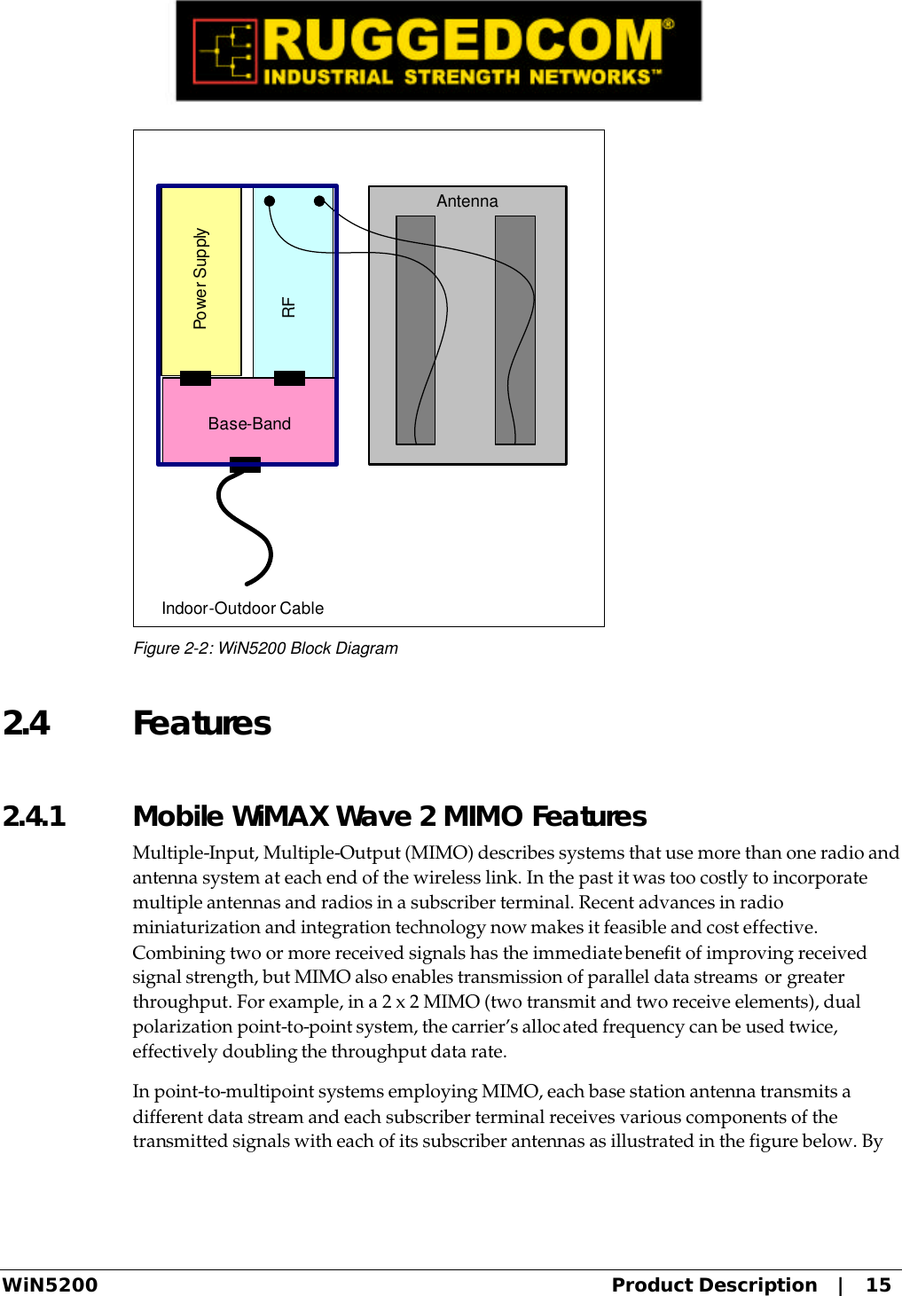  WiN5200 Product Description   |   15 Base-BandRFPower SupplyIndoor-Outdoor CableAntenna Figure 2-2: WiN5200 Block Diagram 2.4 Features 2.4.1  Mobile WiMAX Wave 2 MIMO Features Multiple-Input, Multiple-Output (MIMO) describes systems that use more than one radio and antenna system at each end of the wireless link. In the past it was too costly to incorporate multiple antennas and radios in a subscriber terminal. Recent advances in radio miniaturization and integration technology now makes it feasible and cost effective. Combining two or more received signals has the immediate benefit of improving received signal strength, but MIMO also enables transmission of parallel data streams or greater throughput. For example, in a 2 x 2 MIMO (two transmit and two receive elements), dual polarization point-to-point system, the carrier’s allocated frequency can be used twice, effectively doubling the throughput data rate. In point-to-multipoint systems employing MIMO, each base station antenna transmits a different data stream and each subscriber terminal receives various components of the transmitted signals with each of its subscriber antennas as illustrated in the figure below. By 