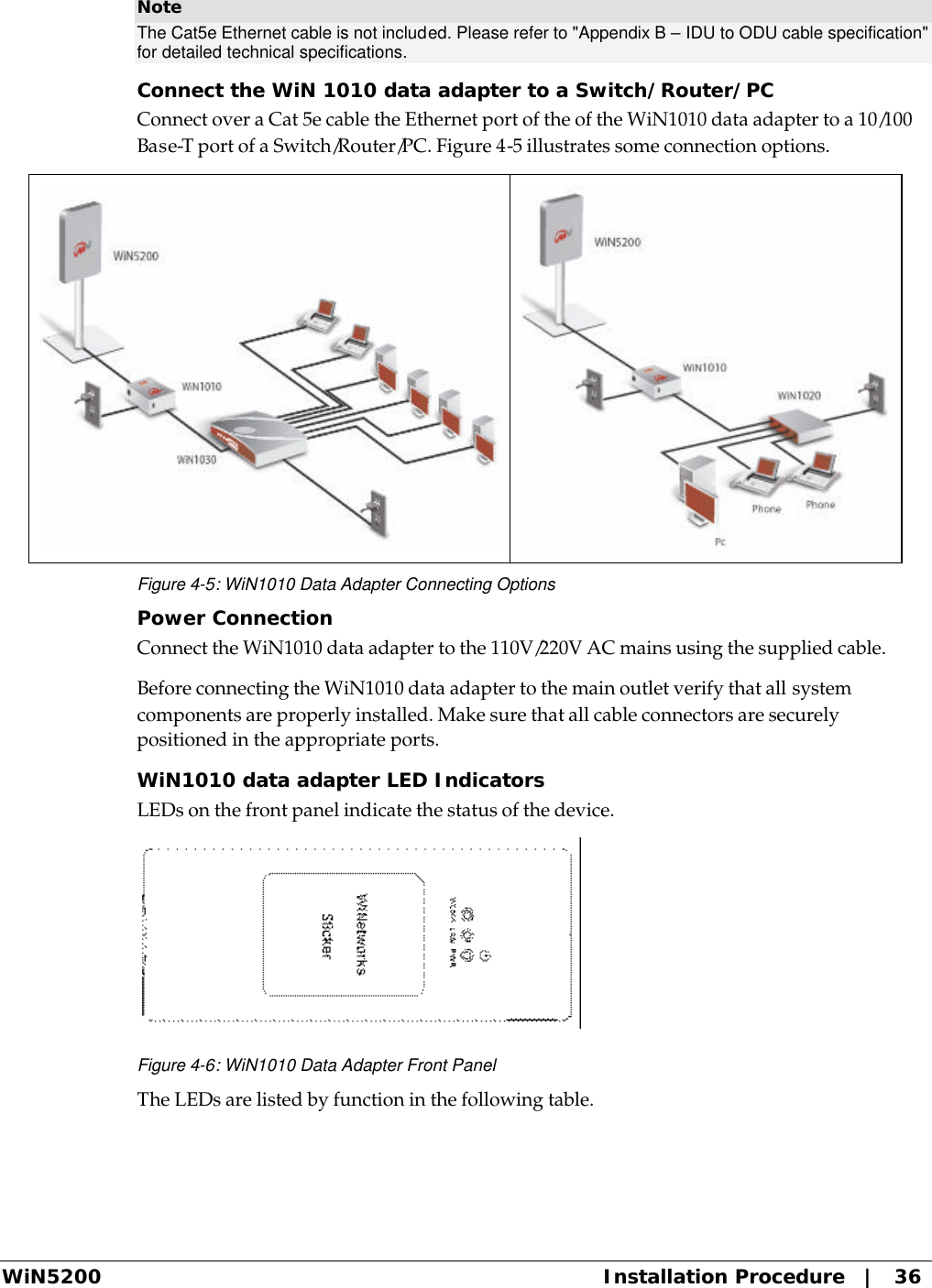  WiN5200 Installation Procedure   |   36 Note The Cat5e Ethernet cable is not included. Please refer to &quot;Appendix B – IDU to ODU cable specification&quot; for detailed technical specifications. Connect the WiN 1010 data adapter to a Switch/Router/PC Connect over a Cat 5e cable the Ethernet port of the of the WiN1010 data adapter to a 10/100 Base-T port of a Switch/Router/PC. Figure 4-5 illustrates some connection options.  Figure 4-5: WiN1010 Data Adapter Connecting Options Power Connection Connect the WiN1010 data adapter to the 110V/220V AC mains using the supplied cable. Before connecting the WiN1010 data adapter to the main outlet verify that all system components are properly installed. Make sure that all cable connectors are securely positioned in the appropriate ports. WiN1010 data adapter LED Indicators LEDs on the front panel indicate the status of the device.  Figure 4-6: WiN1010 Data Adapter Front Panel The LEDs are listed by function in the following table. 