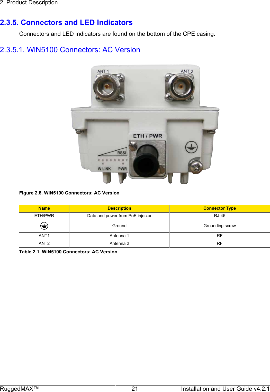 2. Product DescriptionRuggedMAX™ 21 Installation and User Guide v4.2.12.3.5. Connectors and LED IndicatorsConnectors and LED indicators are found on the bottom of the CPE casing.2.3.5.1. WiN5100 Connectors: AC VersionFigure 2.6. WiN5100 Connectors: AC VersionName Description Connector TypeETH/PWR Data and power from PoE injector RJ-45Ground Grounding screwANT1 Antenna 1 RFANT2 Antenna 2 RFTable 2.1. WiN5100 Connectors: AC Version