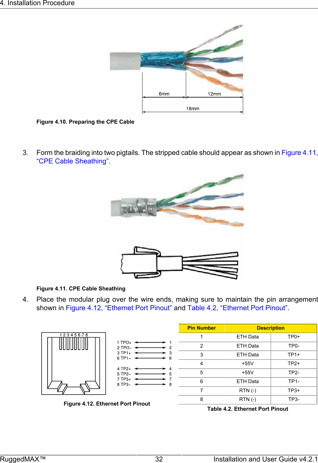 4. Installation ProcedureRuggedMAX™ 32 Installation and User Guide v4.2.1Figure 4.10. Preparing the CPE Cable3. Form the braiding into two pigtails. The stripped cable should appear as shown in Figure 4.11,“CPE Cable Sheathing”.Figure 4.11. CPE Cable Sheathing4. Place the modular  plug over  the  wire ends,  making sure to  maintain the  pin arrangementshown in Figure 4.12, “Ethernet Port Pinout” and Table 4.2, “Ethernet Port Pinout”.Figure 4.12. Ethernet Port PinoutPin Number Description1 ETH Data TP0+2 ETH Data TP0-3 ETH Data TP1+4 +55V TP2+5 +55V TP2-6 ETH Data TP1-7 RTN (-) TP3+8 RTN (-) TP3-Table 4.2. Ethernet Port Pinout