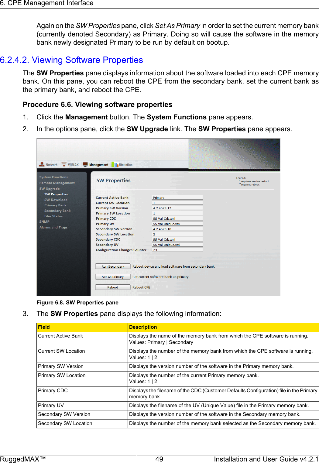 6. CPE Management InterfaceRuggedMAX™ 49 Installation and User Guide v4.2.1Again on the SW Properties pane, click Set As Primary in order to set the current memory bank(currently denoted Secondary) as Primary. Doing so will cause the software in the memorybank newly designated Primary to be run by default on bootup.6.2.4.2. Viewing Software PropertiesThe SW Properties pane displays information about the software loaded into each CPE memorybank. On this pane, you can reboot the CPE from the secondary bank, set the current bank asthe primary bank, and reboot the CPE.Procedure 6.6. Viewing software properties1. Click the Management button. The System Functions pane appears.2. In the options pane, click the SW Upgrade link. The SW Properties pane appears.Figure 6.8. SW Properties pane3. The SW Properties pane displays the following information:Field DescriptionCurrent Active Bank Displays the name of the memory bank from which the CPE software is running.Values: Primary | SecondaryCurrent SW Location Displays the number of the memory bank from which the CPE software is running.Values: 1 | 2Primary SW Version Displays the version number of the software in the Primary memory bank.Primary SW Location Displays the number of the current Primary memory bank.Values: 1 | 2Primary CDC Displays the filename of the CDC (Customer Defaults Configuration) file in the Primarymemory bank.Primary UV Displays the filename of the UV (Unique Value) file in the Primary memory bank.Secondary SW Version Displays the version number of the software in the Secondary memory bank.Secondary SW Location Displays the number of the memory bank selected as the Secondary memory bank.