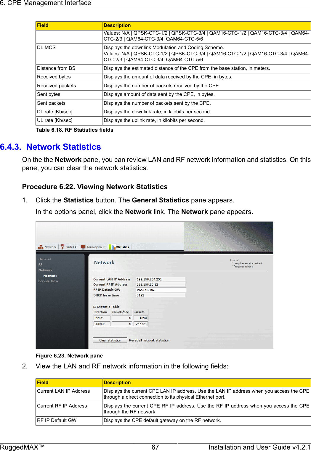 6. CPE Management InterfaceRuggedMAX™ 67 Installation and User Guide v4.2.1Field DescriptionValues: N/A | QPSK-CTC-1/2 | QPSK-CTC-3/4 | QAM16-CTC-1/2 | QAM16-CTC-3/4 | QAM64-CTC-2/3 | QAM64-CTC-3/4| QAM64-CTC-5/6DL MCS Displays the downlink Modulation and Coding Scheme.Values: N/A | QPSK-CTC-1/2 | QPSK-CTC-3/4 | QAM16-CTC-1/2 | QAM16-CTC-3/4 | QAM64-CTC-2/3 | QAM64-CTC-3/4| QAM64-CTC-5/6Distance from BS Displays the estimated distance of the CPE from the base station, in meters.Received bytes Displays the amount of data received by the CPE, in bytes.Received packets Displays the number of packets received by the CPE.Sent bytes Displays amount of data sent by the CPE, in bytes.Sent packets Displays the number of packets sent by the CPE.DL rate [Kb/sec] Displays the downlink rate, in kilobits per second.UL rate [Kb/sec] Displays the uplink rate, in kilobits per second.Table 6.18. RF Statistics fields6.4.3.  Network StatisticsOn the the Network pane, you can review LAN and RF network information and statistics. On thispane, you can clear the network statistics.Procedure 6.22. Viewing Network Statistics1. Click the Statistics button. The General Statistics pane appears.In the options panel, click the Network link. The Network pane appears.Figure 6.23. Network pane2. View the LAN and RF network information in the following fields:Field DescriptionCurrent LAN IP Address Displays the current CPE LAN IP address. Use the LAN IP address when you access the CPEthrough a direct connection to its physical Ethernet port.Current RF IP Address Displays the current CPE RF IP address. Use the RF IP address when you access the CPEthrough the RF network.RF IP Default GW Displays the CPE default gateway on the RF network.