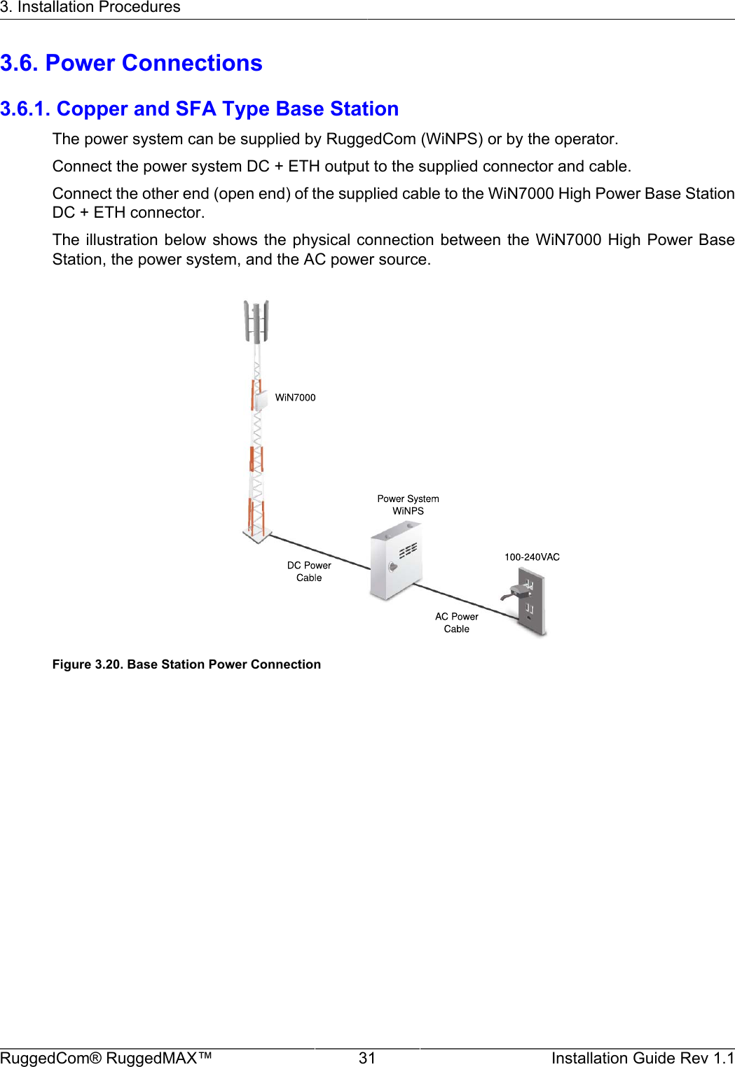 3. Installation ProceduresRuggedCom® RuggedMAX™ 31 Installation Guide Rev 1.13.6. Power Connections3.6.1. Copper and SFA Type Base StationThe power system can be supplied by RuggedCom (WiNPS) or by the operator.Connect the power system DC + ETH output to the supplied connector and cable.Connect the other end (open end) of the supplied cable to the WiN7000 High Power Base StationDC + ETH connector.The illustration below  shows the physical  connection between the  WiN7000 High Power  BaseStation, the power system, and the AC power source.Figure 3.20. Base Station Power Connection