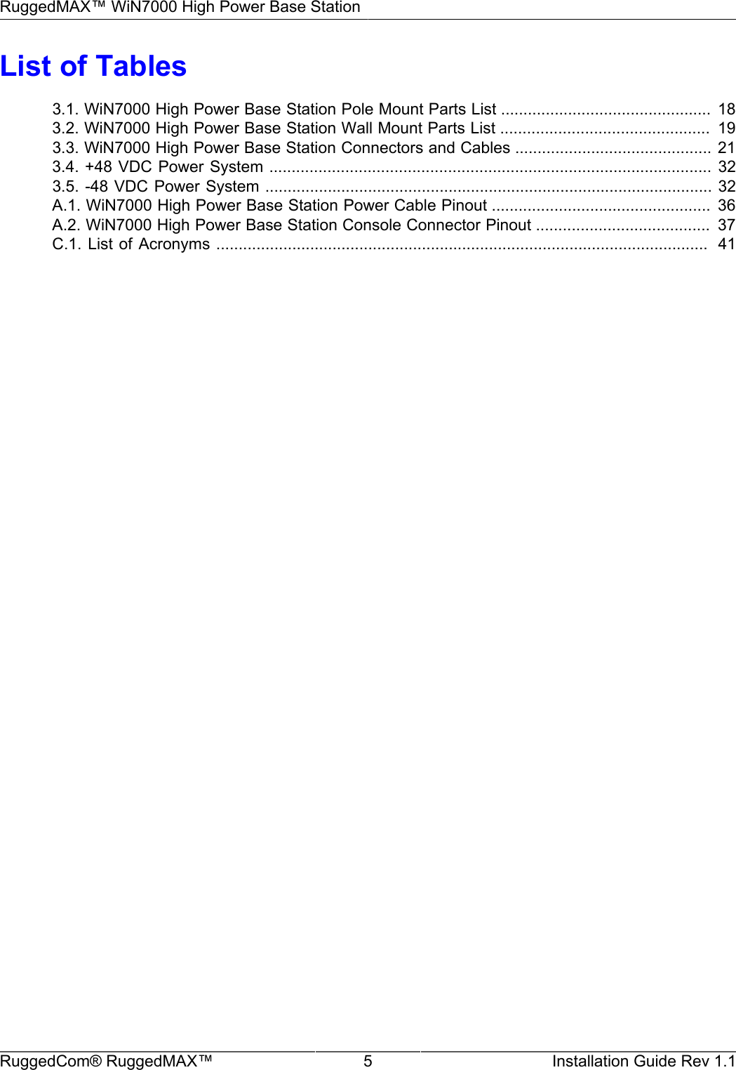 RuggedMAX™ WiN7000 High Power Base StationRuggedCom® RuggedMAX™ 5 Installation Guide Rev 1.1List of Tables3.1. WiN7000 High Power Base Station Pole Mount Parts List ............................................... 183.2. WiN7000 High Power Base Station Wall Mount Parts List ...............................................  193.3. WiN7000 High Power Base Station Connectors and Cables ............................................ 213.4. +48 VDC Power System ................................................................................................... 323.5. -48 VDC Power System .................................................................................................... 32A.1. WiN7000 High Power Base Station Power Cable Pinout .................................................  36A.2. WiN7000 High Power Base Station Console Connector Pinout .......................................  37C.1. List of  Acronyms ..............................................................................................................  41