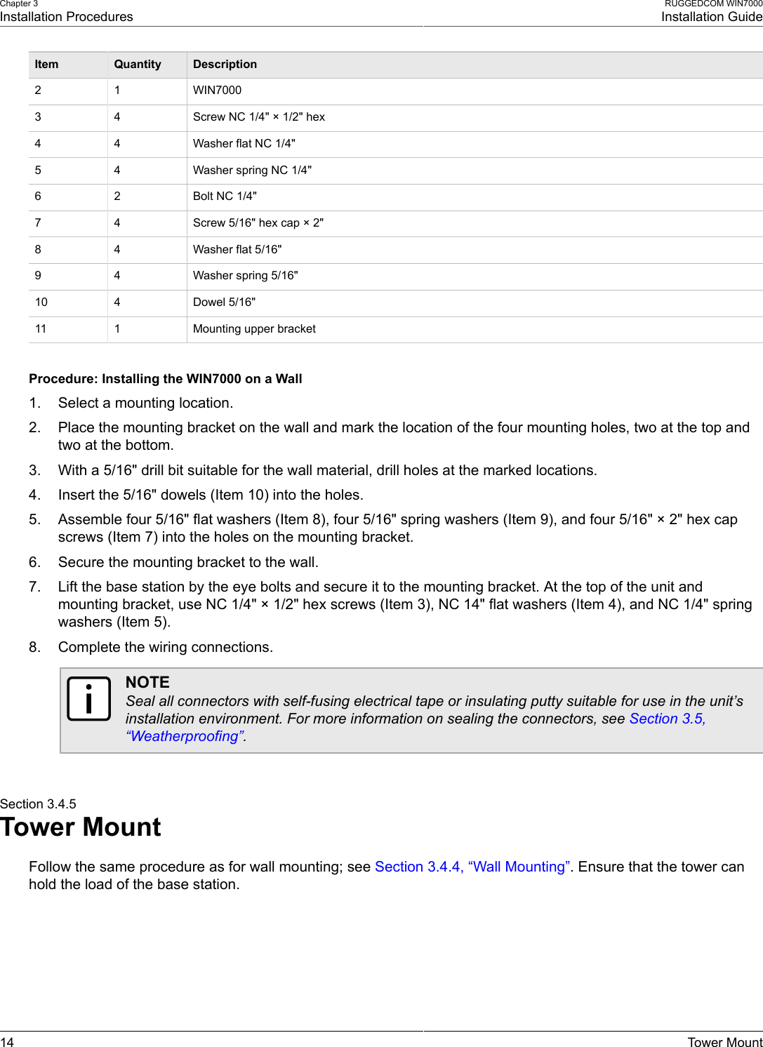 Chapter 3Installation ProceduresRUGGEDCOM WIN7000Installation Guide14 Tower MountItem Quantity Description2 1 WIN70003 4 Screw NC 1/4&quot; × 1/2&quot; hex4 4 Washer flat NC 1/4&quot;5 4 Washer spring NC 1/4&quot;6 2 Bolt NC 1/4&quot;7 4 Screw 5/16&quot; hex cap × 2&quot;8 4 Washer flat 5/16&quot;9 4 Washer spring 5/16&quot;10 4 Dowel 5/16&quot;11 1 Mounting upper bracketProcedure: Installing the WIN7000 on a Wall1. Select a mounting location.2. Place the mounting bracket on the wall and mark the location of the four mounting holes, two at the top andtwo at the bottom.3. With a 5/16&quot; drill bit suitable for the wall material, drill holes at the marked locations.4. Insert the 5/16&quot; dowels (Item 10) into the holes.5. Assemble four 5/16&quot; flat washers (Item 8), four 5/16&quot; spring washers (Item 9), and four 5/16&quot; × 2&quot; hex capscrews (Item 7) into the holes on the mounting bracket.6. Secure the mounting bracket to the wall.7. Lift the base station by the eye bolts and secure it to the mounting bracket. At the top of the unit andmounting bracket, use NC 1/4&quot; × 1/2&quot; hex screws (Item 3), NC 14&quot; flat washers (Item 4), and NC 1/4&quot; springwashers (Item 5).8. Complete the wiring connections.NOTESeal all connectors with self-fusing electrical tape or insulating putty suitable for use in the unit’sinstallation environment. For more information on sealing the connectors, see Section 3.5,“Weatherproofing”.Section 3.4.5Tower MountFollow the same procedure as for wall mounting; see Section 3.4.4, “Wall Mounting”. Ensure that the tower canhold the load of the base station.