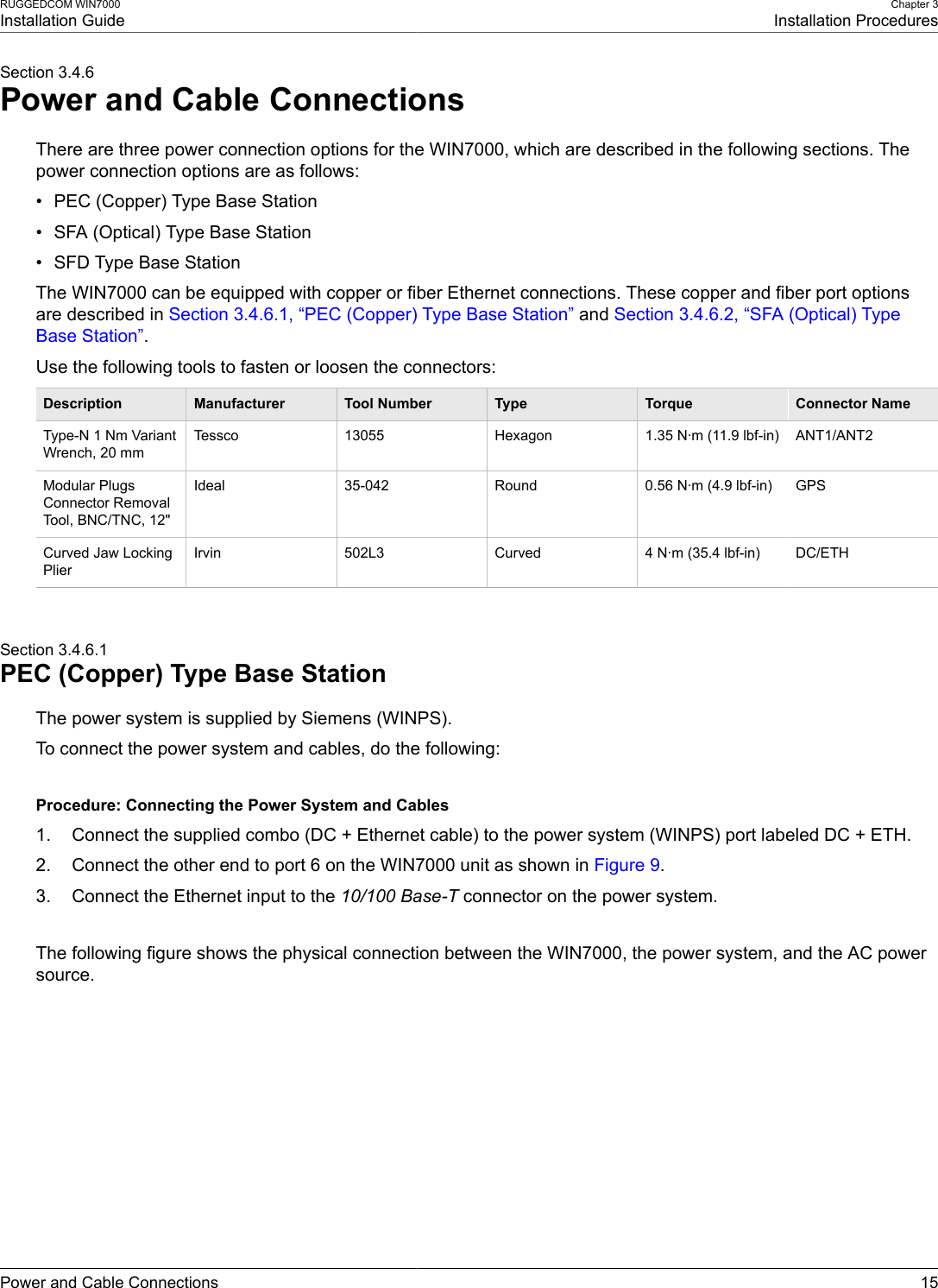 RUGGEDCOM WIN7000Installation GuideChapter 3Installation ProceduresPower and Cable Connections 15Section 3.4.6Power and Cable ConnectionsThere are three power connection options for the WIN7000, which are described in the following sections. Thepower connection options are as follows:• PEC (Copper) Type Base Station• SFA (Optical) Type Base Station• SFD Type Base StationThe WIN7000 can be equipped with copper or fiber Ethernet connections. These copper and fiber port optionsare described in Section 3.4.6.1, “PEC (Copper) Type Base Station” and Section 3.4.6.2, “SFA (Optical) TypeBase Station”.Use the following tools to fasten or loosen the connectors:Description Manufacturer Tool Number Type Torque Connector NameType-N 1 Nm VariantWrench, 20 mmTessco 13055 Hexagon 1.35 N·m (11.9 lbf-in) ANT1/ANT2Modular PlugsConnector RemovalTool, BNC/TNC, 12&quot;Ideal 35-042 Round 0.56 N·m (4.9 lbf-in) GPSCurved Jaw LockingPlierIrvin 502L3 Curved 4 N·m (35.4 lbf-in) DC/ETHSection 3.4.6.1PEC (Copper) Type Base StationThe power system is supplied by Siemens (WINPS).To connect the power system and cables, do the following:Procedure: Connecting the Power System and Cables1. Connect the supplied combo (DC + Ethernet cable) to the power system (WINPS) port labeled DC + ETH.2. Connect the other end to port 6 on the WIN7000 unit as shown in Figure 9.3. Connect the Ethernet input to the 10/100 Base-T connector on the power system.The following figure shows the physical connection between the WIN7000, the power system, and the AC powersource.