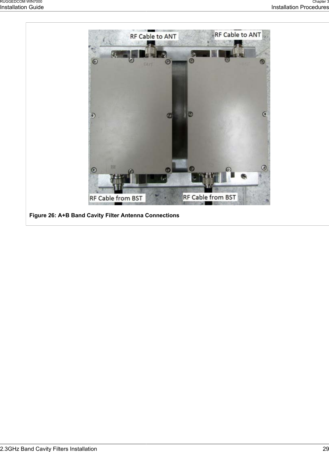 RUGGEDCOM WIN7000Installation GuideChapter 3Installation Procedures2.3GHz Band Cavity Filters Installation 29Figure 26: A+B Band Cavity Filter Antenna Connections