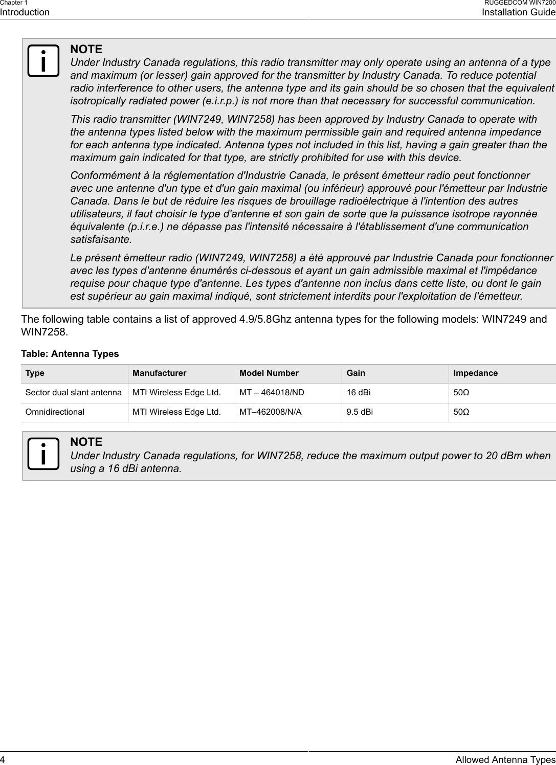 Chapter 1IntroductionRUGGEDCOM WIN7200Installation Guide4 Allowed Antenna TypesNOTEUnder Industry Canada regulations, this radio transmitter may only operate using an antenna of a typeand maximum (or lesser) gain approved for the transmitter by Industry Canada. To reduce potentialradio interference to other users, the antenna type and its gain should be so chosen that the equivalentisotropically radiated power (e.i.r.p.) is not more than that necessary for successful communication.This radio transmitter (WIN7249, WIN7258) has been approved by Industry Canada to operate withthe antenna types listed below with the maximum permissible gain and required antenna impedancefor each antenna type indicated. Antenna types not included in this list, having a gain greater than themaximum gain indicated for that type, are strictly prohibited for use with this device.Conformément à la réglementation d&apos;Industrie Canada, le présent émetteur radio peut fonctionneravec une antenne d&apos;un type et d&apos;un gain maximal (ou inférieur) approuvé pour l&apos;émetteur par IndustrieCanada. Dans le but de réduire les risques de brouillage radioélectrique à l&apos;intention des autresutilisateurs, il faut choisir le type d&apos;antenne et son gain de sorte que la puissance isotrope rayonnéeéquivalente (p.i.r.e.) ne dépasse pas l&apos;intensité nécessaire à l&apos;établissement d&apos;une communicationsatisfaisante.Le présent émetteur radio (WIN7249, WIN7258) a été approuvé par Industrie Canada pour fonctionneravec les types d&apos;antenne énumérés ci-dessous et ayant un gain admissible maximal et l&apos;impédancerequise pour chaque type d&apos;antenne. Les types d&apos;antenne non inclus dans cette liste, ou dont le gainest supérieur au gain maximal indiqué, sont strictement interdits pour l&apos;exploitation de l&apos;émetteur.The following table contains a list of approved 4.9/5.8Ghz antenna types for the following models: WIN7249 andWIN7258.Table: Antenna TypesType Manufacturer Model Number Gain ImpedanceSector dual slant antenna MTI Wireless Edge Ltd. MT – 464018/ND 16 dBi 50ΩOmnidirectional MTI Wireless Edge Ltd. MT–462008/N/A 9.5 dBi 50ΩNOTEUnder Industry Canada regulations, for WIN7258, reduce the maximum output power to 20 dBm whenusing a 16 dBi antenna.