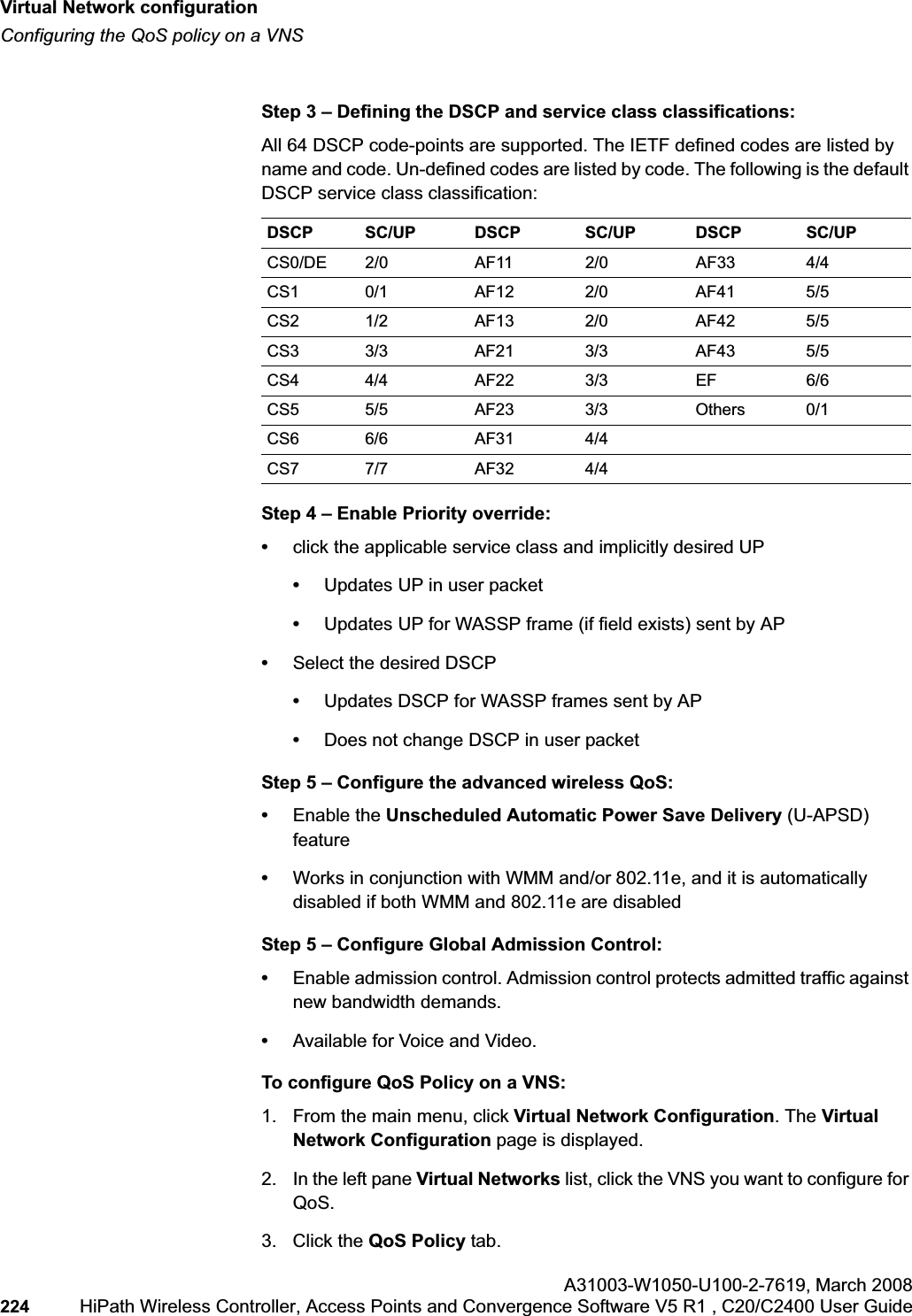 Virtual Network configurationhwc_vnsconfiguration.fmConfiguring the QoS policy on a VNSA31003-W1050-U100-2-7619,March 2008224 HiPath Wireless Controller, Access Points and Convergence Software V5 R1 , C20/C2400 User Guide Step 3 – Defining the DSCP and service class classifications:All 64 DSCP code-points are supported. The IETF defined codes are listed by name and code. Un-defined codes are listed by code. The following is the default DSCP service class classification:Step 4 – Enable Priority override:•click the applicable service class and implicitly desired UP•Updates UP in user packet•Updates UP for WASSP frame (if field exists) sent by AP•Select the desired DSCP•Updates DSCP for WASSP frames sent by AP•Does not change DSCP in user packetStep 5 – Configure the advanced wireless QoS:•Enable the Unscheduled Automatic Power Save Delivery (U-APSD) feature •Works in conjunction with WMM and/or 802.11e, and it is automatically disabled if both WMM and 802.11e are disabledStep 5 – Configure Global Admission Control:•Enable admission control. Admission control protects admitted traffic against new bandwidth demands.•Available for Voice and Video.To configure QoS Policy on a VNS:1. From the main menu, click Virtual Network Configuration. The Virtual Network Configuration page is displayed.2. In the left pane Virtual Networks list, click the VNS you want to configure for QoS.3. Click the QoS Policy tab.DSCP SC/UP DSCP SC/UP DSCP SC/UPCS0/DE 2/0 AF11 2/0 AF33 4/4CS1 0/1 AF12 2/0 AF41 5/5CS2 1/2 AF13 2/0 AF42 5/5CS3 3/3 AF21 3/3 AF43 5/5CS4 4/4 AF22 3/3 EF 6/6CS5 5/5 AF23 3/3 Others 0/1CS6 6/6 AF31 4/4CS7 7/7 AF32 4/4