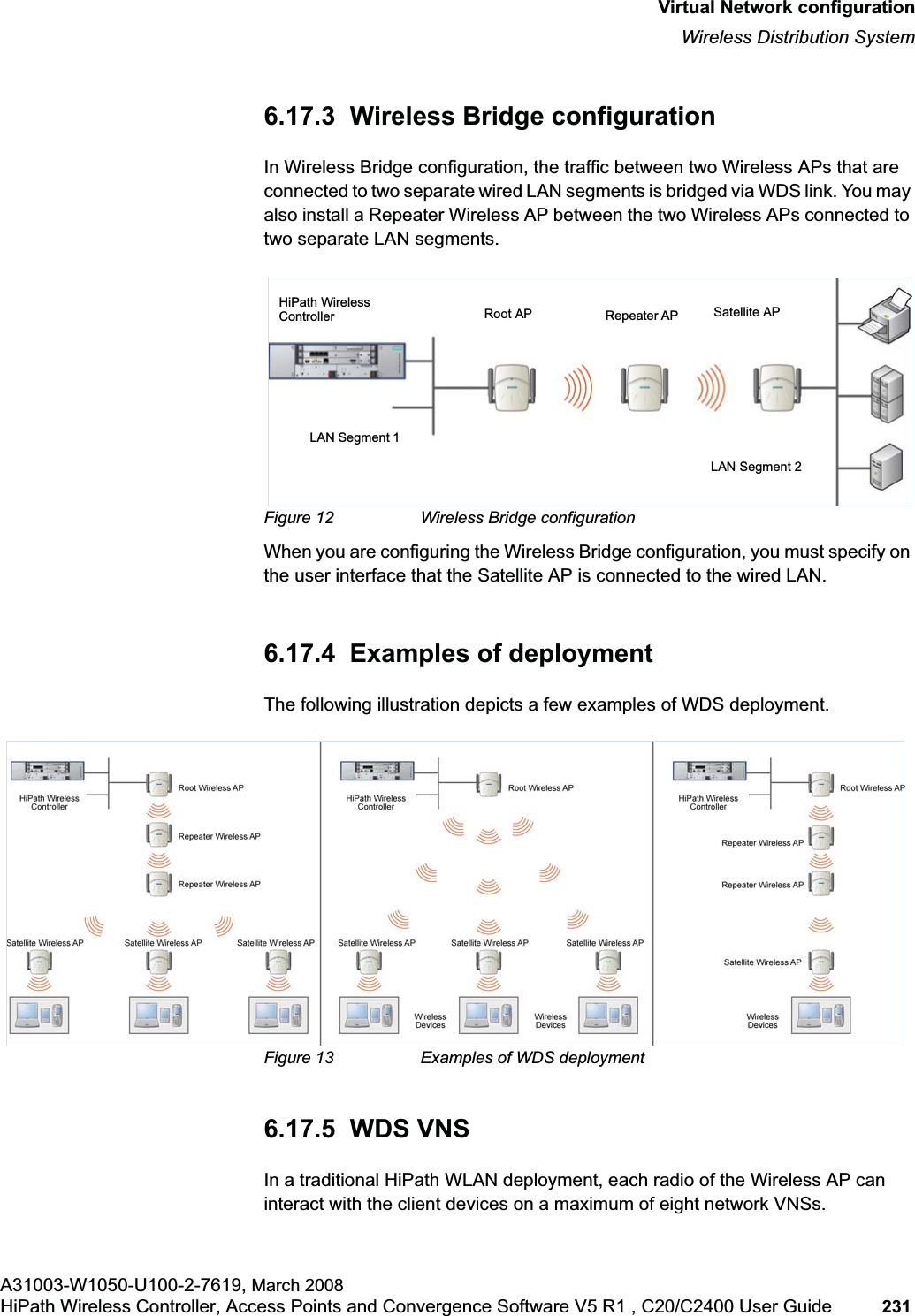 hwc_vnsconfiguration.fmVirtual Network configurationWireless Distribution SystemA31003-W1050-U100-2-7619, March 2008HiPath Wireless Controller, Access Points and Convergence Software V5 R1 , C20/C2400 User Guide 231 6.17.3 Wireless Bridge configurationIn Wireless Bridge configuration, the traffic between two Wireless APs that are connected to two separate wired LAN segments is bridged via WDS link. You may also install a Repeater Wireless AP between the two Wireless APs connected to two separate LAN segments.Figure 12 Wireless Bridge configurationWhen you are configuring the Wireless Bridge configuration, you must specify on the user interface that the Satellite AP is connected to the wired LAN.6.17.4 Examples of deploymentThe following illustration depicts a few examples of WDS deployment.Figure 13 Examples of WDS deployment6.17.5 WDS VNSIn a traditional HiPath WLAN deployment, each radio of the Wireless AP can interact with the client devices on a maximum of eight network VNSs. LAN Segment 1LAN Segment 2HiPath WirelessController Root AP Satellite APRepeater AP
