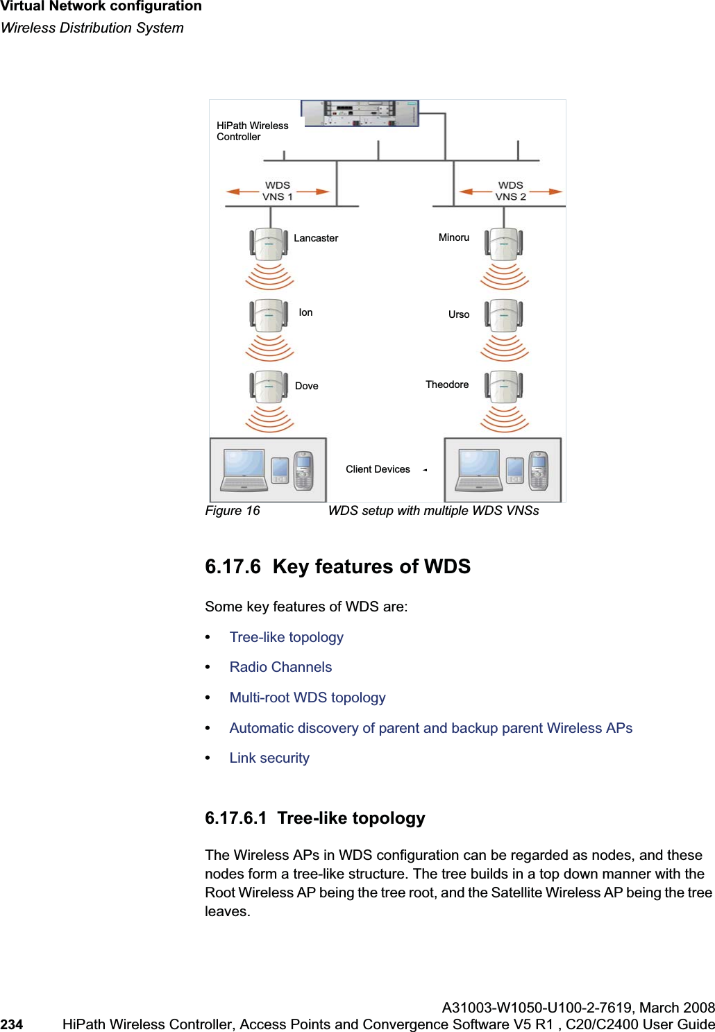 Virtual Network configurationhwc_vnsconfiguration.fmWireless Distribution SystemA31003-W1050-U100-2-7619,March 2008234 HiPath Wireless Controller, Access Points and Convergence Software V5 R1 , C20/C2400 User Guide Figure 16 WDS setup with multiple WDS VNSs6.17.6 Key features of WDSSome key features of WDS are:•Tree-like topology•Radio Channels•Multi-root WDS topology•Automatic discovery of parent and backup parent Wireless APs•Link security6.17.6.1 Tree-like topologyThe Wireless APs in WDS configuration can be regarded as nodes, and these nodes form a tree-like structure. The tree builds in a top down manner with the Root Wireless AP being the tree root, and the Satellite Wireless AP being the tree leaves. LancasterHiPath WirelessControllerIonDoveMinoruUrsoTheodoreClient Devices