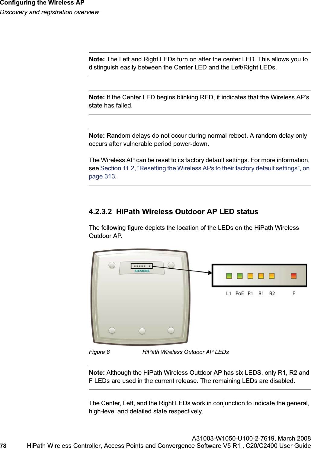 Configuring the Wireless APhwc_apstartup.fmDiscovery and registration overviewA31003-W1050-U100-2-7619,March 200878 HiPath Wireless Controller, Access Points and Convergence Software V5 R1 , C20/C2400 User Guide Note: The Left and Right LEDs turn on after the center LED. This allows you to distinguish easily between the Center LED and the Left/Right LEDs. Note: If the Center LED begins blinking RED, it indicates that the Wireless AP’s state has failed.Note: Random delays do not occur during normal reboot. A random delay only occurs after vulnerable period power-down.The Wireless AP can be reset to its factory default settings. For more information, see Section 11.2, “Resetting the Wireless APs to their factory default settings”, on page 313.4.2.3.2 HiPath Wireless Outdoor AP LED statusThe following figure depicts the location of the LEDs on the HiPath Wireless Outdoor AP.Figure 8 HiPath Wireless Outdoor AP LEDsNote: Although the HiPath Wireless Outdoor AP has six LEDS, only R1, R2 and F LEDs are used in the current release. The remaining LEDs are disabled.The Center, Left, and the Right LEDs work in conjunction to indicate the general, high-level and detailed state respectively.