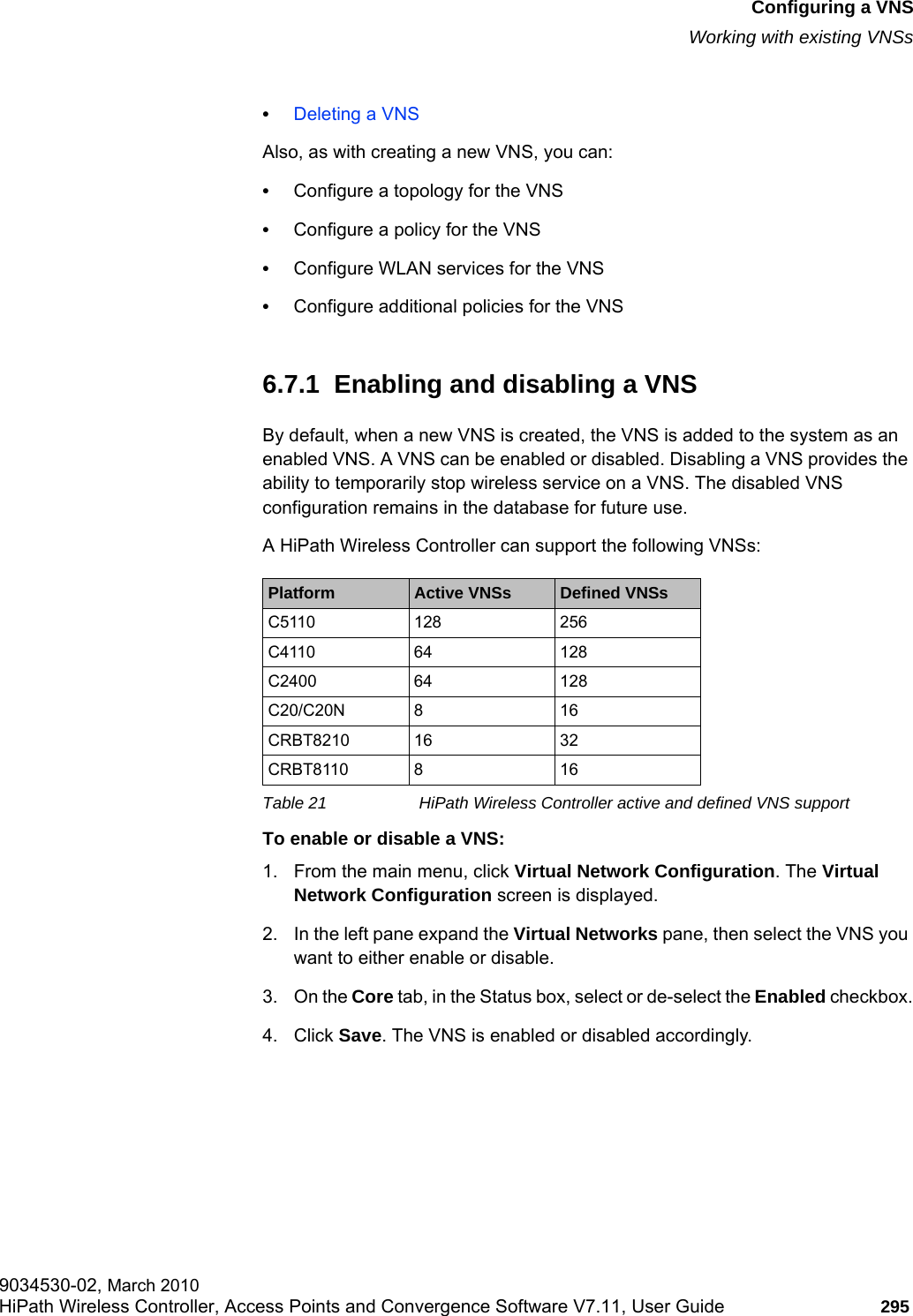 hwc_vnsconfiguration.fmConfiguring a VNSWorking with existing VNSs9034530-02, March 2010HiPath Wireless Controller, Access Points and Convergence Software V7.11, User Guide 295         •Deleting a VNSAlso, as with creating a new VNS, you can:•Configure a topology for the VNS•Configure a policy for the VNS•Configure WLAN services for the VNS•Configure additional policies for the VNS6.7.1  Enabling and disabling a VNSBy default, when a new VNS is created, the VNS is added to the system as an enabled VNS. A VNS can be enabled or disabled. Disabling a VNS provides the ability to temporarily stop wireless service on a VNS. The disabled VNS configuration remains in the database for future use. A HiPath Wireless Controller can support the following VNSs:To enable or disable a VNS:1. From the main menu, click Virtual Network Configuration. The Virtual Network Configuration screen is displayed.2. In the left pane expand the Virtual Networks pane, then select the VNS you want to either enable or disable.3. On the Core tab, in the Status box, select or de-select the Enabled checkbox.4. Click Save. The VNS is enabled or disabled accordingly.Platform Active VNSs Defined VNSsC5110 128 256C4110 64 128C2400 64 128C20/C20N 8 16CRBT8210 16 32CRBT8110 8 16Table 21 HiPath Wireless Controller active and defined VNS support