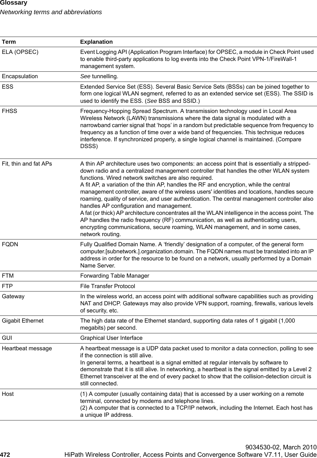 Glossaryhwc_glossary.fmNetworking terms and abbreviations 9034530-02, March 2010472 HiPath Wireless Controller, Access Points and Convergence Software V7.11, User Guide        ELA (OPSEC) Event Logging API (Application Program Interface) for OPSEC, a module in Check Point used to enable third-party applications to log events into the Check Point VPN-1/FireWall-1 management system. Encapsulation See tunnelling.ESS Extended Service Set (ESS). Several Basic Service Sets (BSSs) can be joined together to form one logical WLAN segment, referred to as an extended service set (ESS). The SSID is used to identify the ESS. (See BSS and SSID.)FHSS Frequency-Hopping Spread Spectrum. A transmission technology used in Local Area Wireless Network (LAWN) transmissions where the data signal is modulated with a narrowband carrier signal that ‘hops’ in a random but predictable sequence from frequency to frequency as a function of time over a wide band of frequencies. This technique reduces interference. If synchronized properly, a single logical channel is maintained. (Compare DSSS)Fit, thin and fat APs A thin AP architecture uses two components: an access point that is essentially a stripped-down radio and a centralized management controller that handles the other WLAN system functions. Wired network switches are also required. A fit AP, a variation of the thin AP, handles the RF and encryption, while the central management controller, aware of the wireless users&apos; identities and locations, handles secure roaming, quality of service, and user authentication. The central management controller also handles AP configuration and management. A fat (or thick) AP architecture concentrates all the WLAN intelligence in the access point. The AP handles the radio frequency (RF) communication, as well as authenticating users, encrypting communications, secure roaming, WLAN management, and in some cases, network routing. FQDN Fully Qualified Domain Name. A ‘friendly’ designation of a computer, of the general form computer.[subnetwork.].organization.domain. The FQDN names must be translated into an IP address in order for the resource to be found on a network, usually performed by a Domain Name Server.FTM Forwarding Table ManagerFTP File Transfer ProtocolGateway  In the wireless world, an access point with additional software capabilities such as providing NAT and DHCP. Gateways may also provide VPN support, roaming, firewalls, various levels of security, etc. Gigabit Ethernet The high data rate of the Ethernet standard, supporting data rates of 1 gigabit (1,000 megabits) per second.GUI Graphical User InterfaceHeartbeat message A heartbeat message is a UDP data packet used to monitor a data connection, polling to see if the connection is still alive.In general terms, a heartbeat is a signal emitted at regular intervals by software to demonstrate that it is still alive. In networking, a heartbeat is the signal emitted by a Level 2 Ethernet transceiver at the end of every packet to show that the collision-detection circuit is still connected.Host (1) A computer (usually containing data) that is accessed by a user working on a remote terminal, connected by modems and telephone lines. (2) A computer that is connected to a TCP/IP network, including the Internet. Each host has a unique IP address.Term Explanation