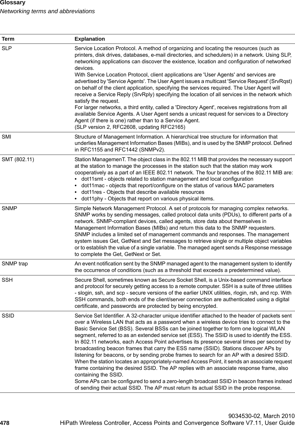Glossaryhwc_glossary.fmNetworking terms and abbreviations 9034530-02, March 2010478 HiPath Wireless Controller, Access Points and Convergence Software V7.11, User Guide        SLP Service Location Protocol. A method of organizing and locating the resources (such as printers, disk drives, databases, e-mail directories, and schedulers) in a network. Using SLP, networking applications can discover the existence, location and configuration of networked devices. With Service Location Protocol, client applications are &apos;User Agents&apos; and services are advertised by &apos;Service Agents&apos;. The User Agent issues a multicast &apos;Service Request&apos; (SrvRqst) on behalf of the client application, specifying the services required. The User Agent will receive a Service Reply (SrvRply) specifying the location of all services in the network which satisfy the request. For larger networks, a third entity, called a &apos;Directory Agent&apos;, receives registrations from all available Service Agents. A User Agent sends a unicast request for services to a Directory Agent (if there is one) rather than to a Service Agent.(SLP version 2, RFC2608, updating RFC2165)SMI Structure of Management Information. A hierarchical tree structure for information that underlies Management Information Bases (MIBs), and is used by the SNMP protocol. Defined in RFC1155 and RFC1442 (SNMPv2).SMT (802.11) Station ManagemenT. The object class in the 802.11 MIB that provides the necessary support at the station to manage the processes in the station such that the station may work cooperatively as a part of an IEEE 802.11 network. The four branches of the 802.11 MIB are:•dot11smt - objects related to station management and local configuration•dot11mac - objects that report/configure on the status of various MAC parameters•dot11res - Objects that describe available resources•dot11phy - Objects that report on various physical items.SNMP Simple Network Management Protocol. A set of protocols for managing complex networks. SNMP works by sending messages, called protocol data units (PDUs), to different parts of a network. SNMP-compliant devices, called agents, store data about themselves in Management Information Bases (MIBs) and return this data to the SNMP requesters.SNMP includes a limited set of management commands and responses. The management system issues Get, GetNext and Set messages to retrieve single or multiple object variables or to establish the value of a single variable. The managed agent sends a Response message to complete the Get, GetNext or Set. SNMP trap An event notification sent by the SNMP managed agent to the management system to identify the occurrence of conditions (such as a threshold that exceeds a predetermined value).SSH Secure Shell, sometimes known as Secure Socket Shell, is a Unix-based command interface and protocol for securely getting access to a remote computer. SSH is a suite of three utilities - slogin, ssh, and scp - secure versions of the earlier UNIX utilities, rlogin, rsh, and rcp. With SSH commands, both ends of the client/server connection are authenticated using a digital certificate, and passwords are protected by being encrypted.SSID Service Set Identifier. A 32-character unique identifier attached to the header of packets sent over a Wireless LAN that acts as a password when a wireless device tries to connect to the Basic Service Set (BSS). Several BSSs can be joined together to form one logical WLAN segment, referred to as an extended service set (ESS). The SSID is used to identify the ESS. In 802.11 networks, each Access Point advertises its presence several times per second by broadcasting beacon frames that carry the ESS name (SSID). Stations discover APs by listening for beacons, or by sending probe frames to search for an AP with a desired SSID. When the station locates an appropriately-named Access Point, it sends an associate request frame containing the desired SSID. The AP replies with an associate response frame, also containing the SSID. Some APs can be configured to send a zero-length broadcast SSID in beacon frames instead of sending their actual SSID. The AP must return its actual SSID in the probe response.Term Explanation