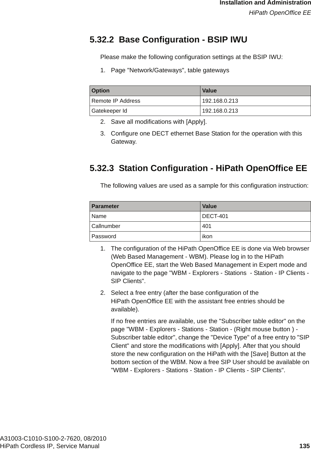 c05_ikon.fmInstallation and AdministrationHiPath OpenOffice EEA31003-C1010-S100-2-7620, 08/2010HiPath Cordless IP, Service Manual 135           5.32.2  Base Configuration - BSIP IWUPlease make the following configuration settings at the BSIP IWU:1. Page &quot;Network/Gateways&quot;, table gateways2. Save all modifications with [Apply].3. Configure one DECT ethernet Base Station for the operation with this Gateway.5.32.3  Station Configuration - HiPath OpenOffice EEThe following values are used as a sample for this configuration instruction:1. The configuration of the HiPath OpenOffice EE is done via Web browser (Web Based Management - WBM). Please log in to the HiPath OpenOffice EE, start the Web Based Management in Expert mode and navigate to the page &quot;WBM - Explorers - Stations  - Station - IP Clients - SIP Clients&quot;.2. Select a free entry (after the base configuration of the HiPath OpenOffice EE with the assistant free entries should be available).If no free entries are available, use the &quot;Subscriber table editor&quot; on the page &quot;WBM - Explorers - Stations - Station - (Right mouse button ) - Subscriber table editor&quot;, change the &quot;Device Type&quot; of a free entry to &quot;SIP Client&quot; and store the modifications with [Apply]. After that you should store the new configuration on the HiPath with the [Save] Button at the bottom section of the WBM. Now a free SIP User should be available on &quot;WBM - Explorers - Stations - Station - IP Clients - SIP Clients&quot;.Option ValueRemote IP Address 192.168.0.213Gatekeeper Id 192.168.0.213Parameter ValueName DECT-401Callnumber 401Password ikon