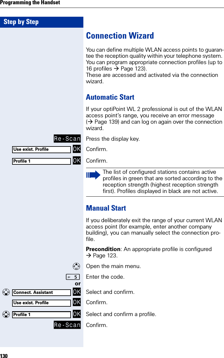 Step by StepProgramming the Handset130Connection WizardYou can define multiple WLAN access points to guaran-tee the reception quality within your telephone system. You can program appropriate connection profiles (up to 16 profiles Page 123).These are accessed and activated via the connection wizard.Automatic StartIf your optiPoint WL 2 professional is out of the WLAN access point’s range, you receive an error message (Page 139) and can log on again over the connection wizard.Re-Scan Press the display key. OK Confirm. OK Confirm.Manual StartIf you deliberately exit the range of your current WLAN access point (for example, enter another company building), you can manually select the connection pro-file.Precondition: An appropriate profile is configured Page 123.Open the main menu.Enter the code. or   OK Select and confirm. OK Confirm.   OK Select and confirm a profile.Re-Scan Confirm.Use exist. ProfileProfile 1The list of configured stations contains active profiles in green that are sorted according to the reception strength (highest reception strength first). Profiles displayed in black are not active.Connect. AssistantUse exist. ProfileProfile 1