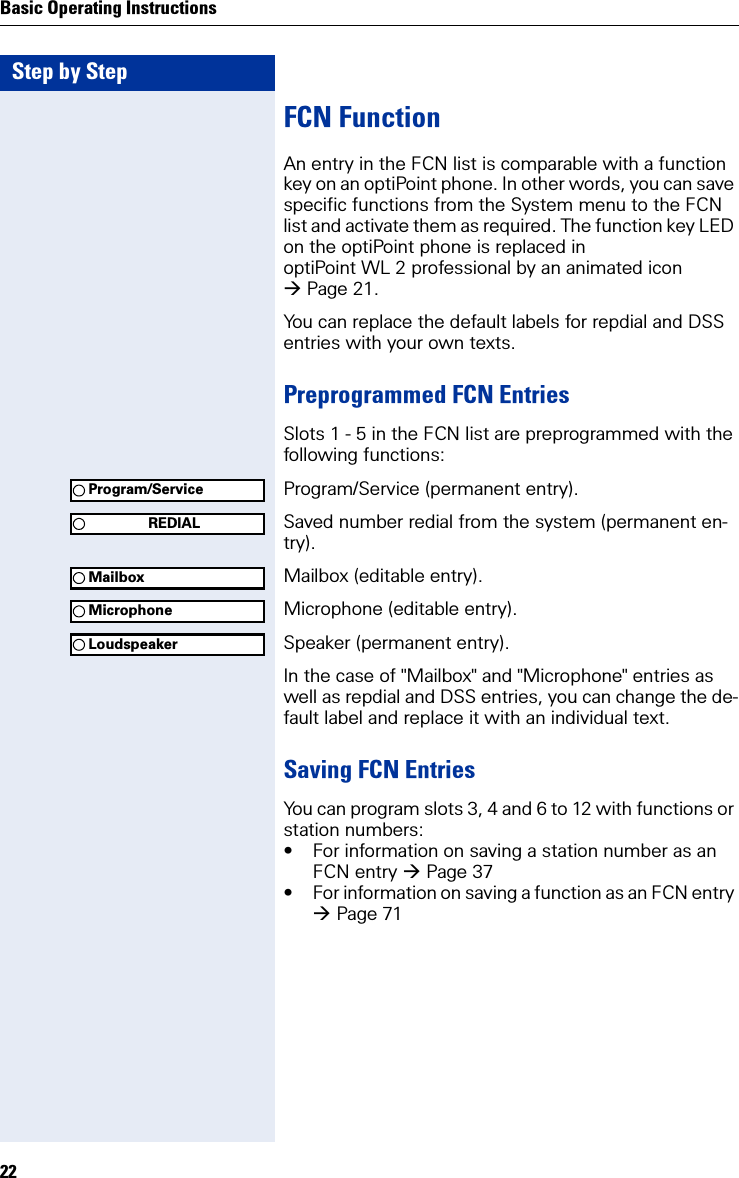 Step by StepBasic Operating Instructions22FCN FunctionAn entry in the FCN list is comparable with a function key on an optiPoint phone. In other words, you can save specific functions from the System menu to the FCN list and activate them as required. The function key LED on the optiPoint phone is replaced in optiPoint WL 2 professional by an animated icon Page 21.You can replace the default labels for repdial and DSS entries with your own texts.Preprogrammed FCN EntriesSlots 1 - 5 in the FCN list are preprogrammed with the following functions:Program/Service (permanent entry).Saved number redial from the system (permanent en-try).Mailbox (editable entry).Microphone (editable entry).Speaker (permanent entry).In the case of &quot;Mailbox&quot; and &quot;Microphone&quot; entries as well as repdial and DSS entries, you can change the de-fault label and replace it with an individual text.Saving FCN Entries You can program slots 3, 4 and 6 to 12 with functions or station numbers:• For information on saving a station number as an FCN entry Page 37• For information on saving a function as an FCN entry Page 71Program/ServiceREDIALMailboxMicrophoneLoudspeaker