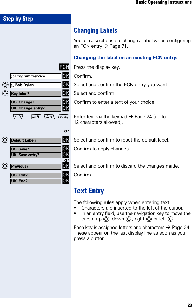 Basic Operating Instructions23Step by StepChanging LabelsYou can also choose to change a label when configuring an FCN entry Page 71.Changing the label on an existing FCN entry:FCN Press the display key. OK Confirm.   OK Select and confirm the FCN entry you want.  OK Select and confirm. OK OK Confirm to enter a text of your choice.Q ... O  Enter text via the keypad Page 24 (up to 12 characters allowed).or  OK Select and confirm to reset the default label. OK OK Confirm to apply changes.or  OK Select and confirm to discard the changes made. OK OK Confirm.Text EntryThe following rules apply when entering text:• Characters are inserted to the left of the cursor.• In an entry field, use the navigation key to move the cursor up , down , right  or left . Each key is assigned letters and characters Page 24. These appear on the last display line as soon as you press a button. Program/ServiceBob DylanKey label?US: Change?UK: Change entry?Default Label?US: Save?UK: Save entry?Previous?US: Exit?UK: End?