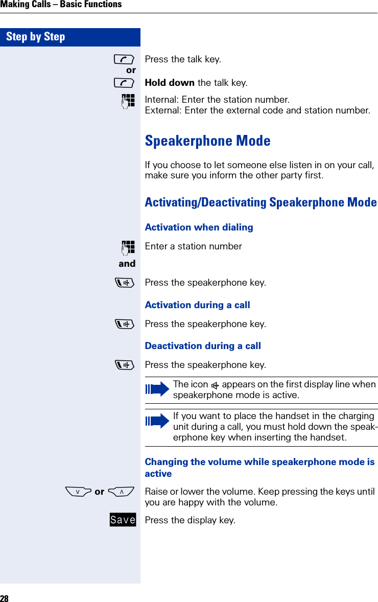 Step by StepMaking Calls – Basic Functions28Press the talk key.orHold down the talk key.Internal: Enter the station number.External: Enter the external code and station number.Speakerphone ModeIf you choose to let someone else listen in on your call, make sure you inform the other party first.Activating/Deactivating Speakerphone ModeActivation when dialingEnter a station numberandPress the speakerphone key.Activation during a callPress the speakerphone key.Deactivation during a callPress the speakerphone key.Changing the volume while speakerphone mode is activeS or CRaise or lower the volume. Keep pressing the keys until you are happy with the volume.Save Press the display key.The icon Ö appears on the first display line when speakerphone mode is active.If you want to place the handset in the charging unit during a call, you must hold down the speak-erphone key when inserting the handset.