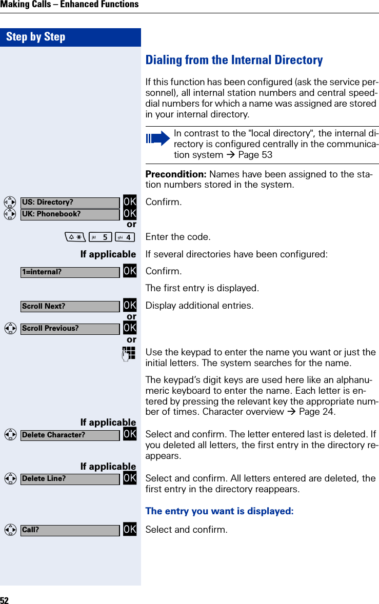Step by StepMaking Calls – Enhanced Functions52Dialing from the Internal DirectoryIf this function has been configured (ask the service per-sonnel), all internal station numbers and central speed-dial numbers for which a name was assigned are stored in your internal directory.Precondition: Names have been assigned to the sta-tion numbers stored in the system.  OK  OK Confirm.or Enter the code.If applicable If several directories have been configured: OK Confirm.The first entry is displayed. OK Display additional entries.or   OKorUse the keypad to enter the name you want or just the initial letters. The system searches for the name.The keypad’s digit keys are used here like an alphanu-meric keyboard to enter the name. Each letter is en-tered by pressing the relevant key the appropriate num-ber of times. Character overview Page 24.If applicable   OK Select and confirm. The letter entered last is deleted. If you deleted all letters, the first entry in the directory re-appears.If applicable   OK Select and confirm. All letters entered are deleted, the first entry in the directory reappears.The entry you want is displayed:   OK Select and confirm.In contrast to the &quot;local directory&quot;, the internal di-rectory is configured centrally in the communica-tion system Page 53US: Directory?UK: Phonebook?1=internal?Scroll Next?Scroll Previous?Delete Character?Delete Line?Call?