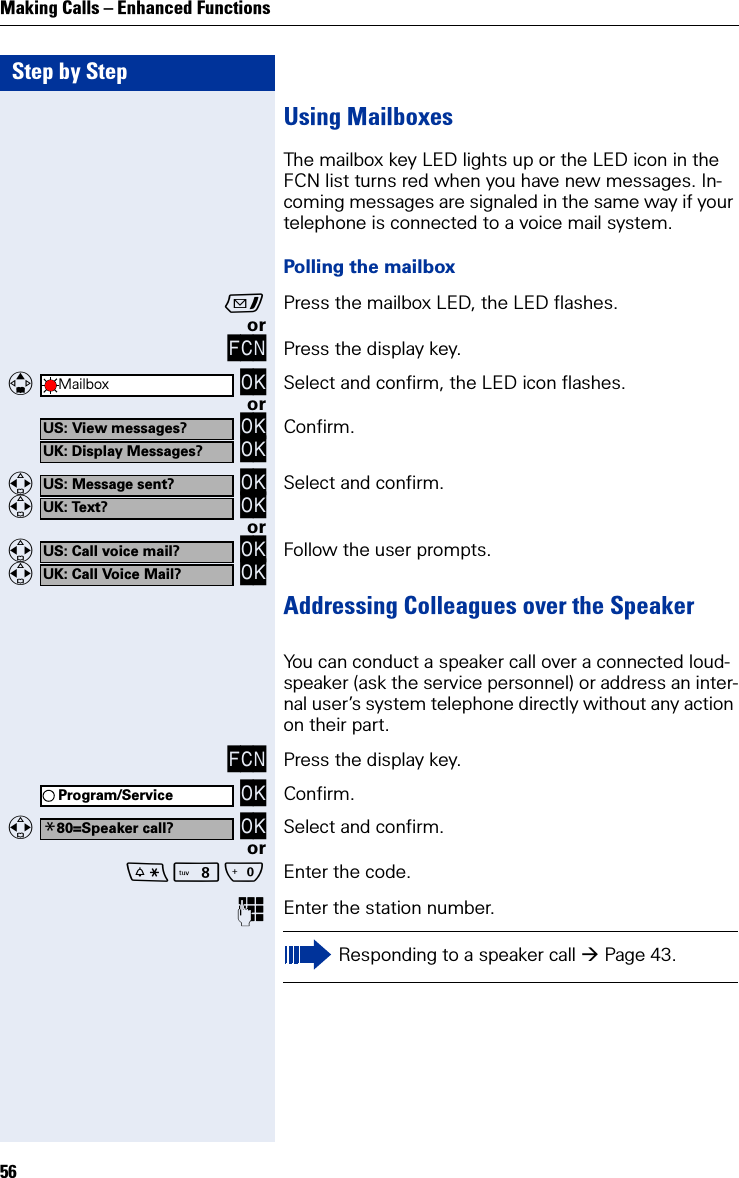 Step by StepMaking Calls – Enhanced Functions56Using MailboxesThe mailbox key LED lights up or the LED icon in the FCN list turns red when you have new messages. In-coming messages are signaled in the same way if your telephone is connected to a voice mail system.Polling the mailboxPress the mailbox LED, the LED flashes.orFCN Press the display key.   OK Select and confirm, the LED icon flashes.or OK OK Confirm.   OK   OK Select and confirm.or   OK   OK Follow the user prompts.Addressing Colleagues over the SpeakerYou can conduct a speaker call over a connected loud-speaker (ask the service personnel) or address an inter-nal user’s system telephone directly without any action on their part.FCN Press the display key. OK Confirm.   OK Select and confirm.orNQ Enter the code.Enter the station number.MailboxUS: View messages?UK: Display Messages?US: Message sent?UK: Text?US: Call voice mail?UK: Call Voice Mail?Program/Service*80=Speaker call?Responding to a speaker call Page 43.