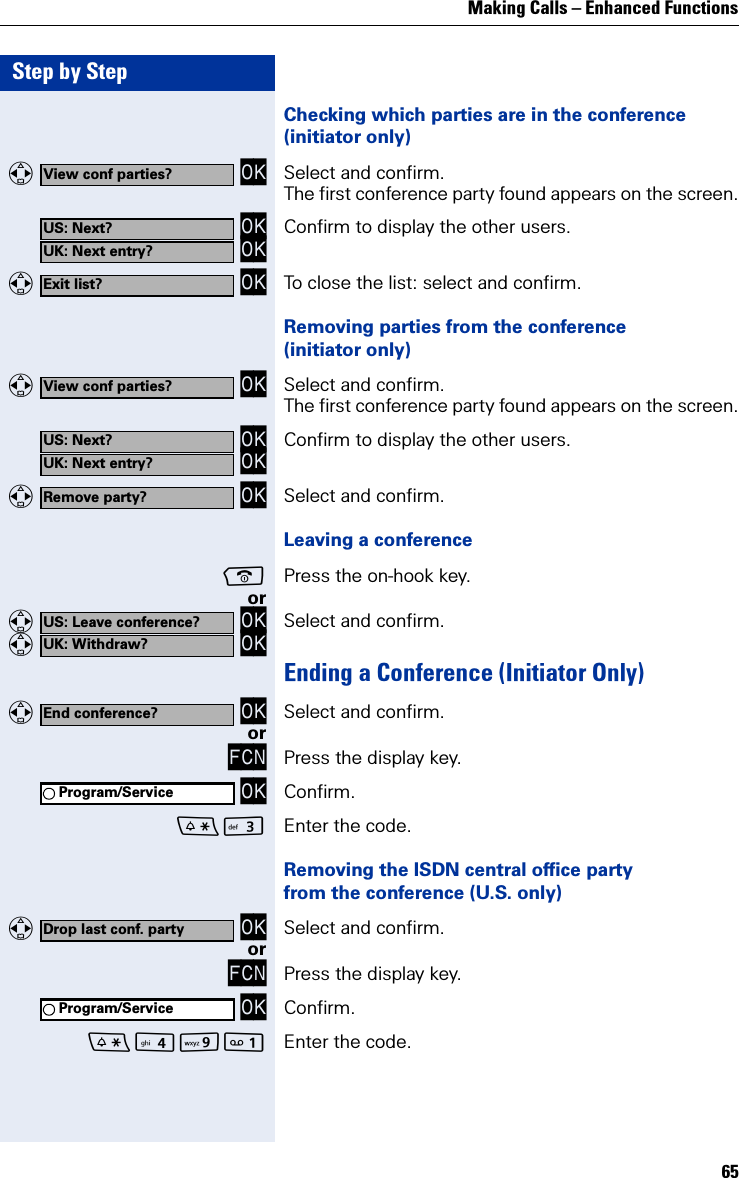 Making Calls – Enhanced Functions65Step by StepChecking which parties are in the conference(initiator only)   OK Select and confirm. The first conference party found appears on the screen. OK OK Confirm to display the other users.   OK To close the list: select and confirm.Removing parties from the conference (initiator only)   OK Select and confirm. The first conference party found appears on the screen. OK OK Confirm to display the other users.   OK Select and confirm.Leaving a conferencePress the on-hook key.or   OK   OK Select and confirm.Ending a Conference (Initiator Only)   OK Select and confirm.orFCN Press the display key. OK Confirm.I Enter the code.Removing the ISDN central office party from the conference (U.S. only)   OK Select and confirm.orFCN Press the display key. OK Confirm.O Enter the code.View conf parties?US: Next?UK: Next entry?Exit list?View conf parties?US: Next?UK: Next entry?Remove party?US: Leave conference?UK: Withdraw?End conference?Program/ServiceDrop last conf. partyProgram/Service